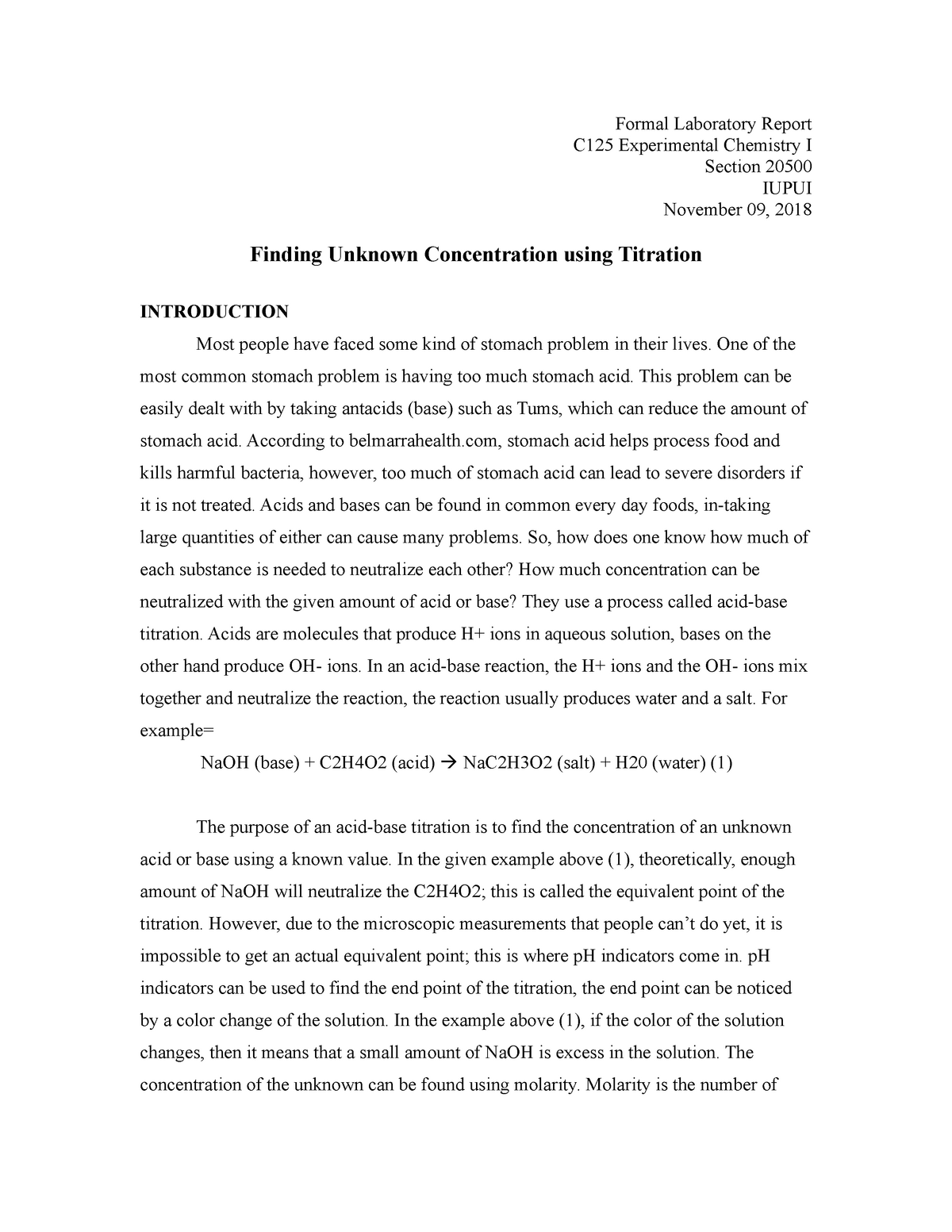 Formal Lab Report of Vinegar Lab - Chem-C20 - Experimental Throughout Lab Report Template Chemistry