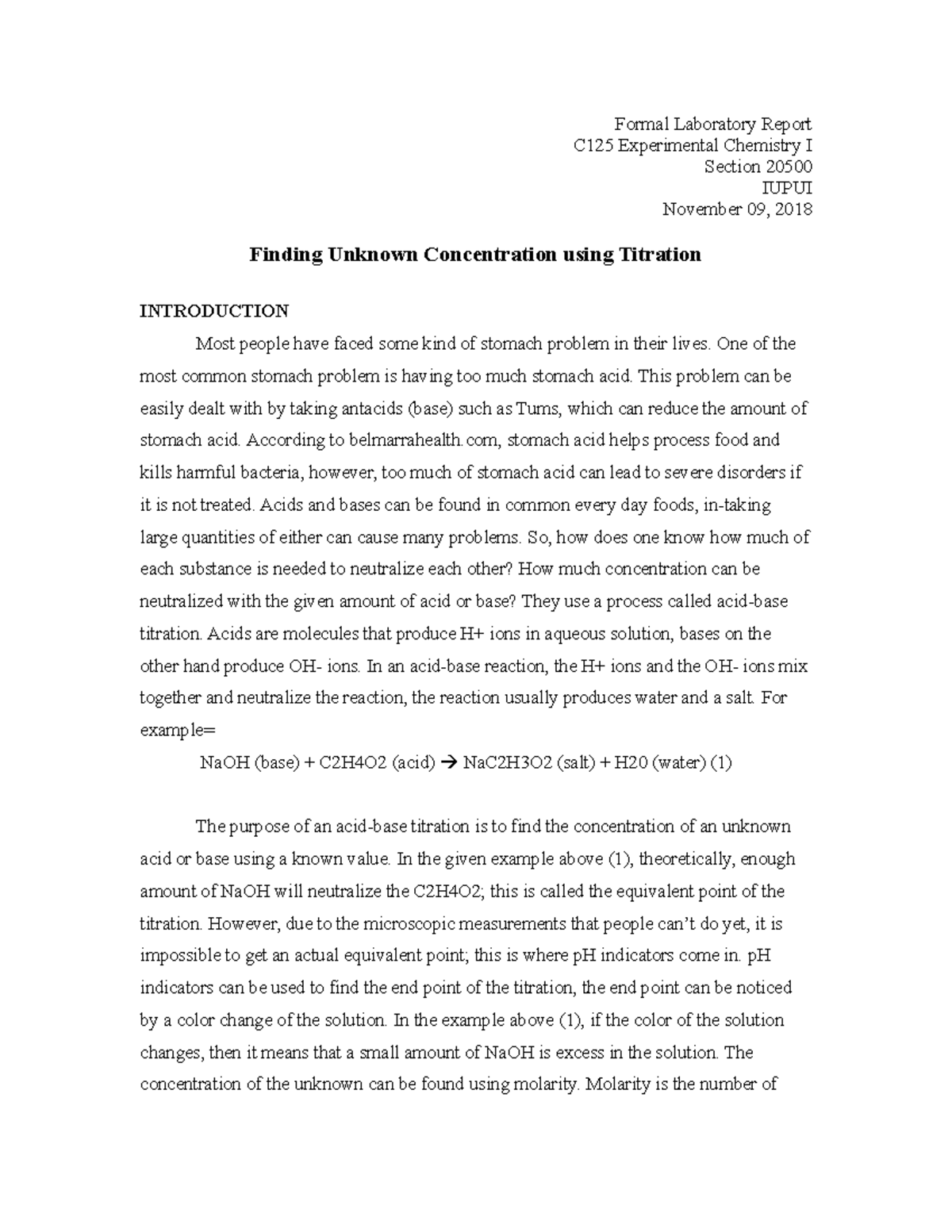 Formal Lab Report of Vinegar Lab - Chem-C20 - Experimental