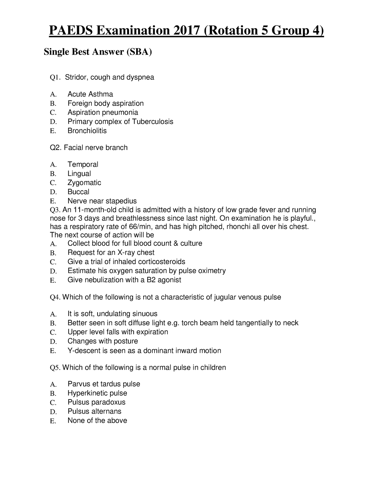 [ Paeds] End-Posting Examination Questions (G4) - PAEDS Examination ...