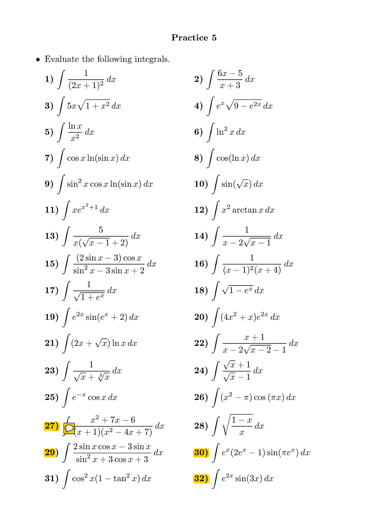 practice-questions-5-practice-5-evaluate-the-following-integrals-z-1-1-dx-2x-1-2-z-p-3