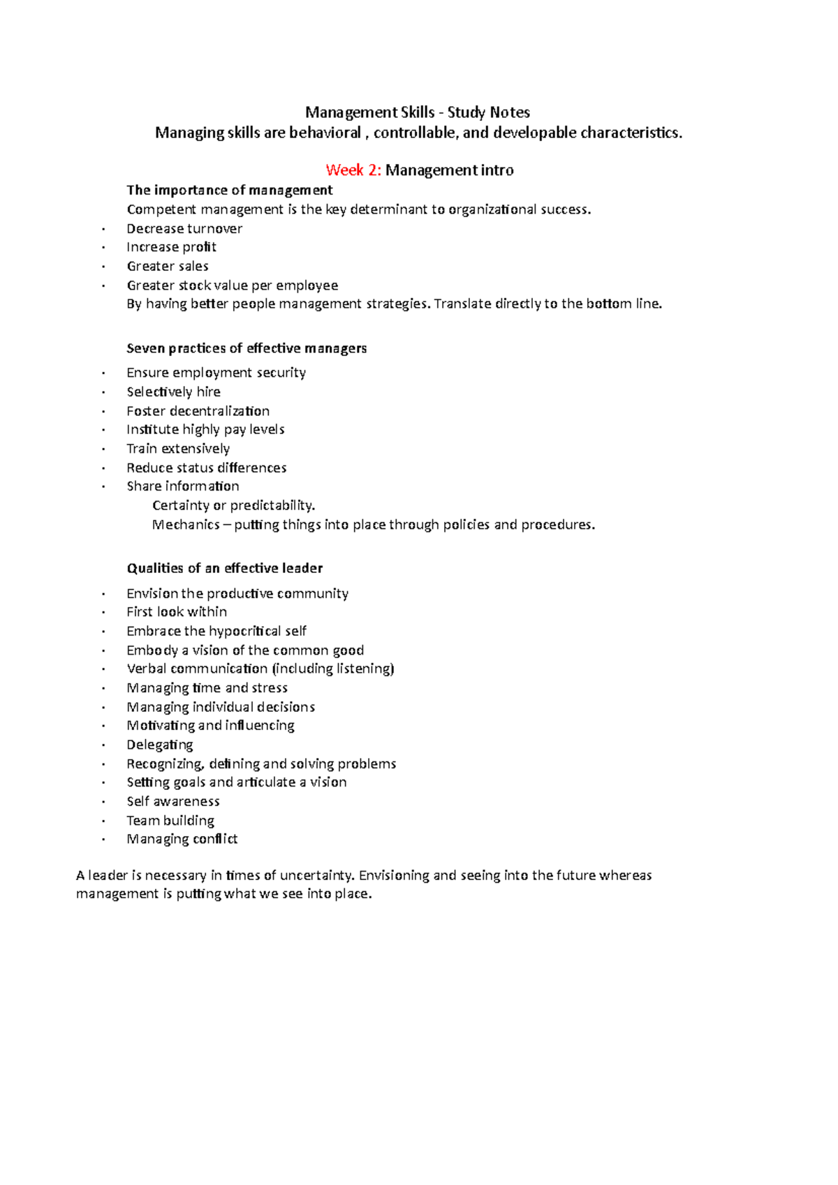 Management Skills exam notes - Management Skills - Study Notes Managing ...