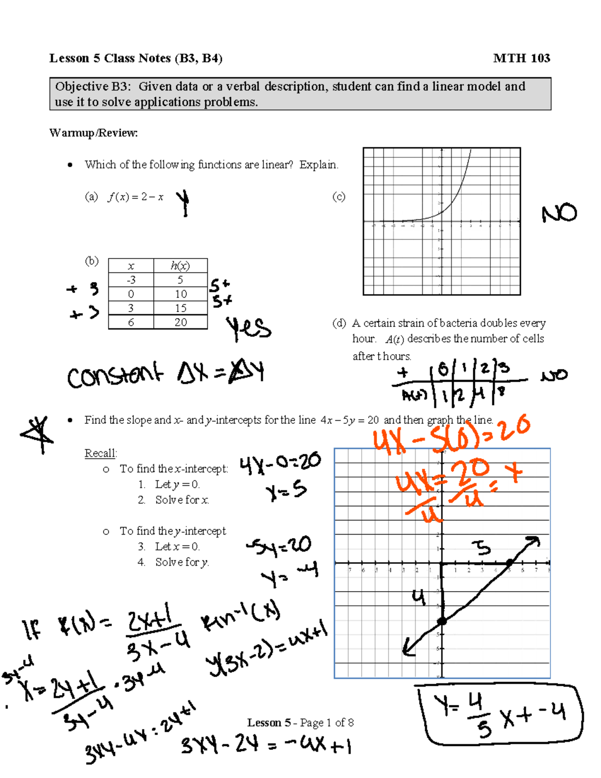 Blank Class Notes 5 - x h(x) -3 5 0 10 3 15 6 20 Lesson 5 Class Notes ...