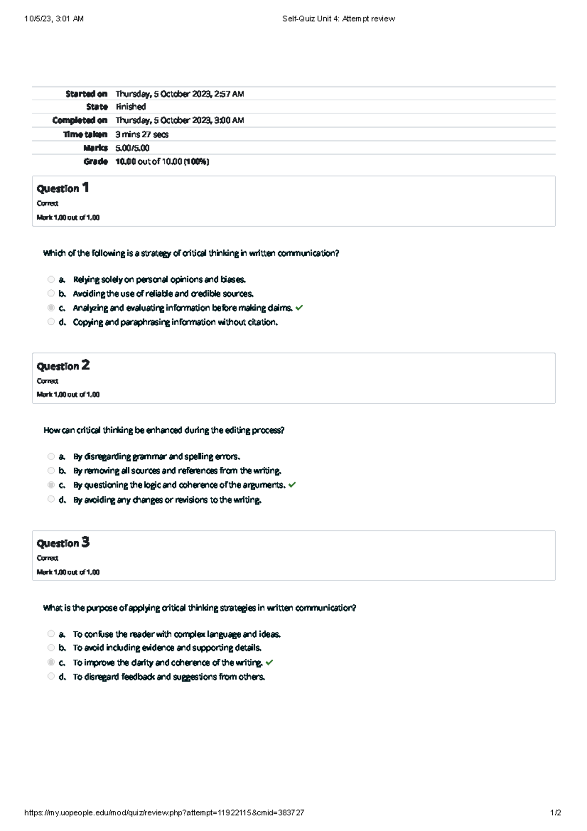 ENGL 1102 Self-Quiz Unit 4 Attempt Review - 10/5/23, 3:01 AM Self-Quiz ...