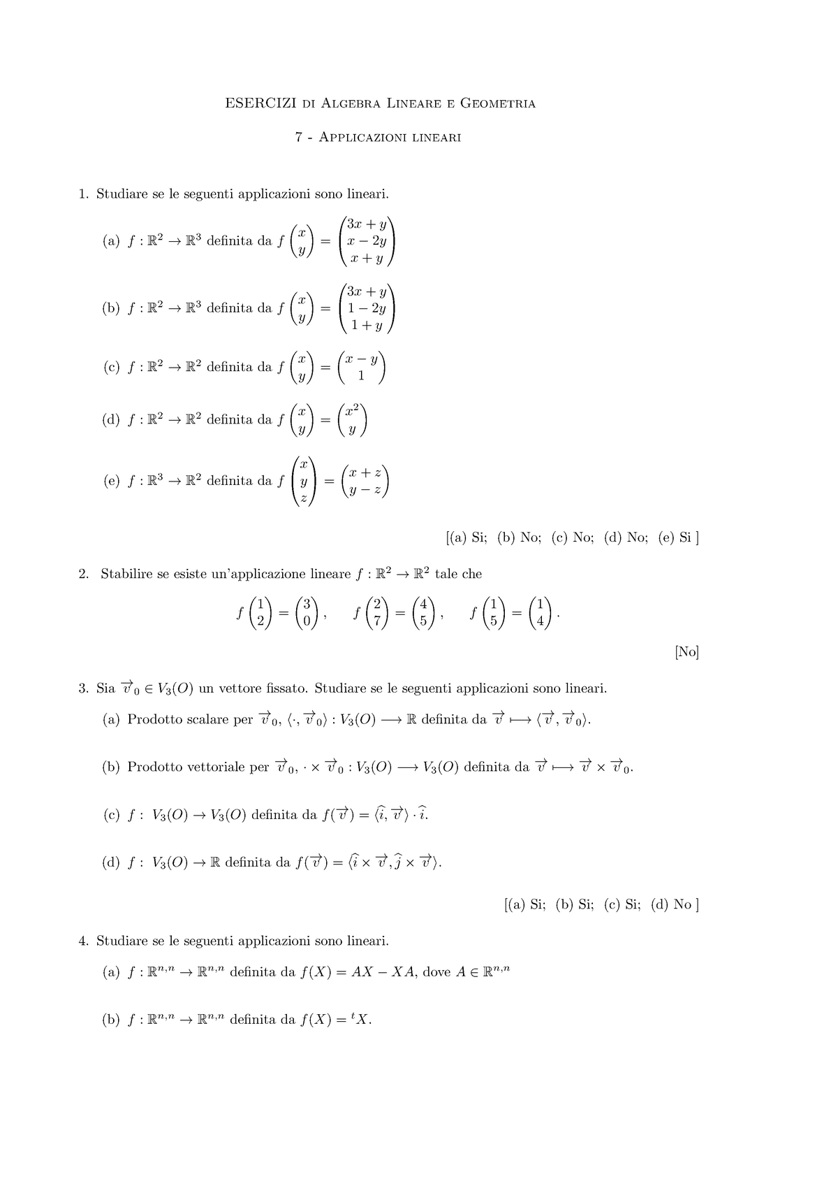 Esercitazione-07-Applicazioni Lineari - ESERCIZI Di Algebra Lineare E ...