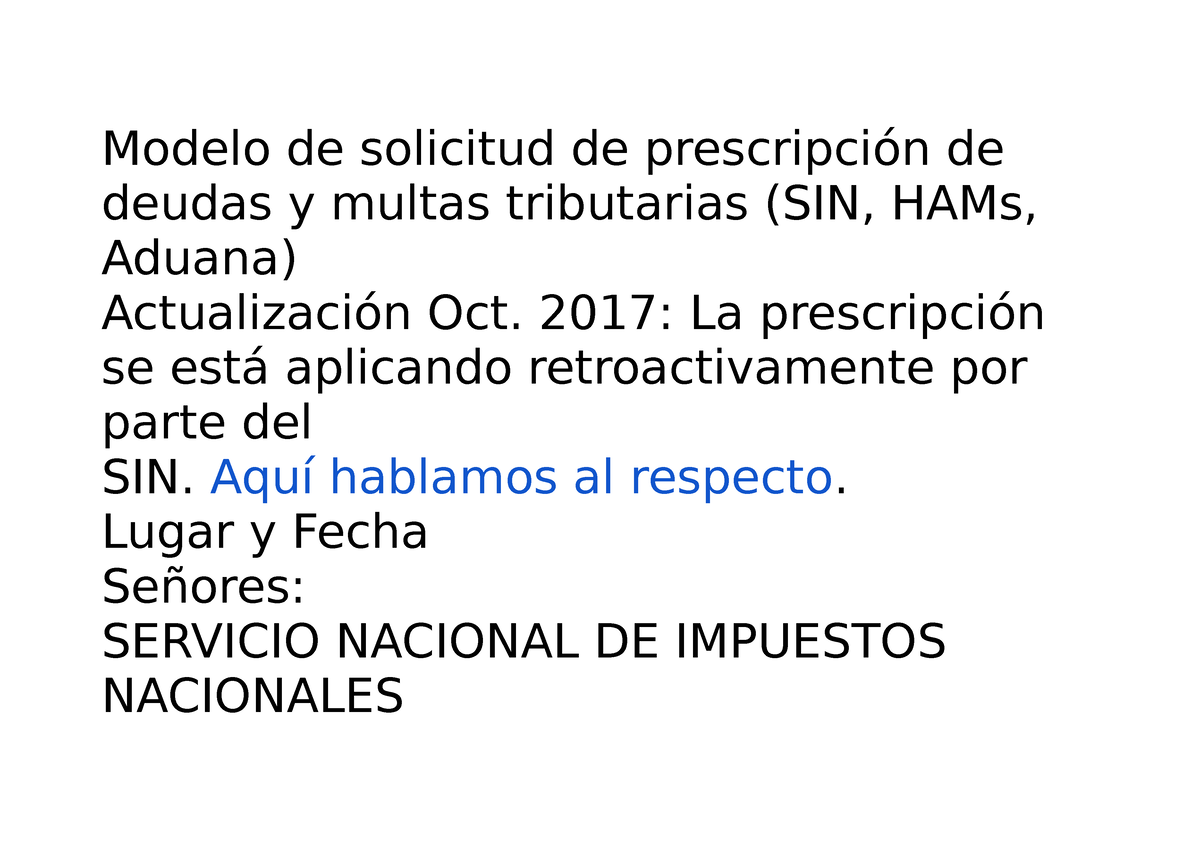 Modelo de solicitud de prescripción de deudas y multas tributarias - Modelo  de solicitud de - Studocu