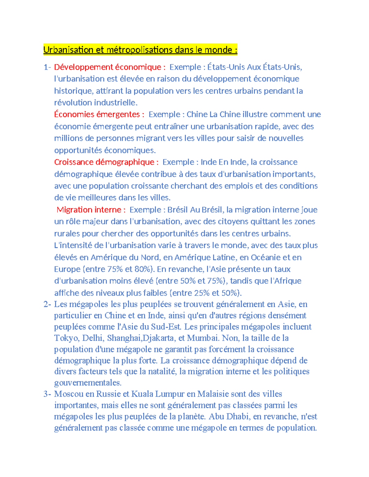 Urbanisation et métropolisations dans le monde Économies émergentes