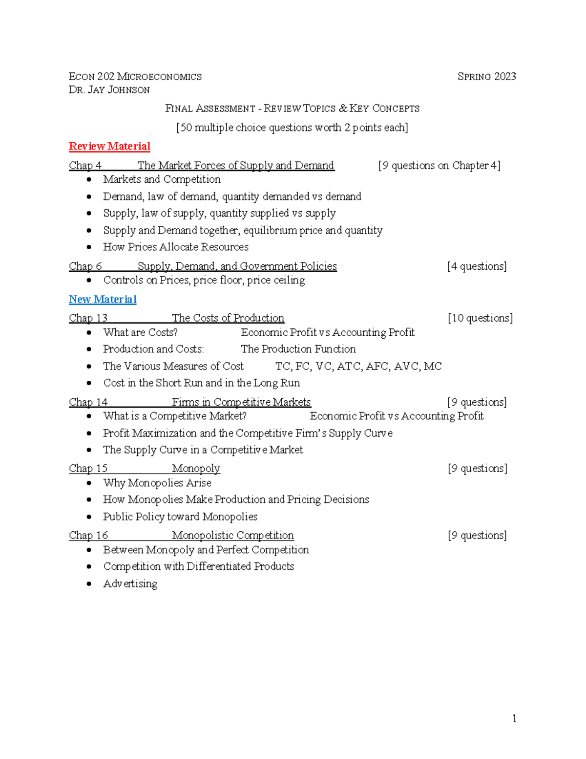 2023Spring Assessment Final Review Sheet - 1 ECON 202 MICROECONOMICS ...