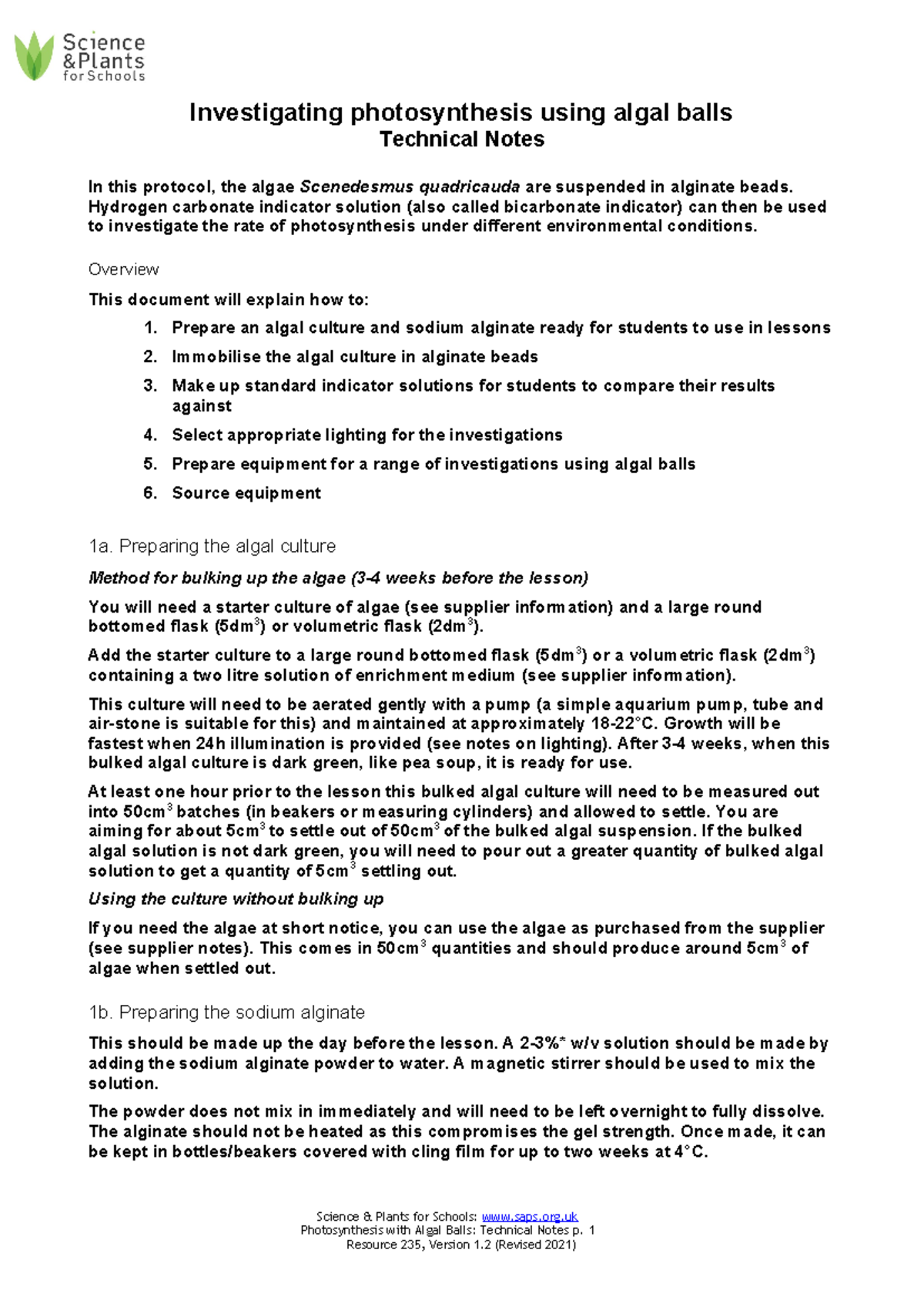SAPS Photosynthesis with Algal Balls Technical Notes - Investigating ...
