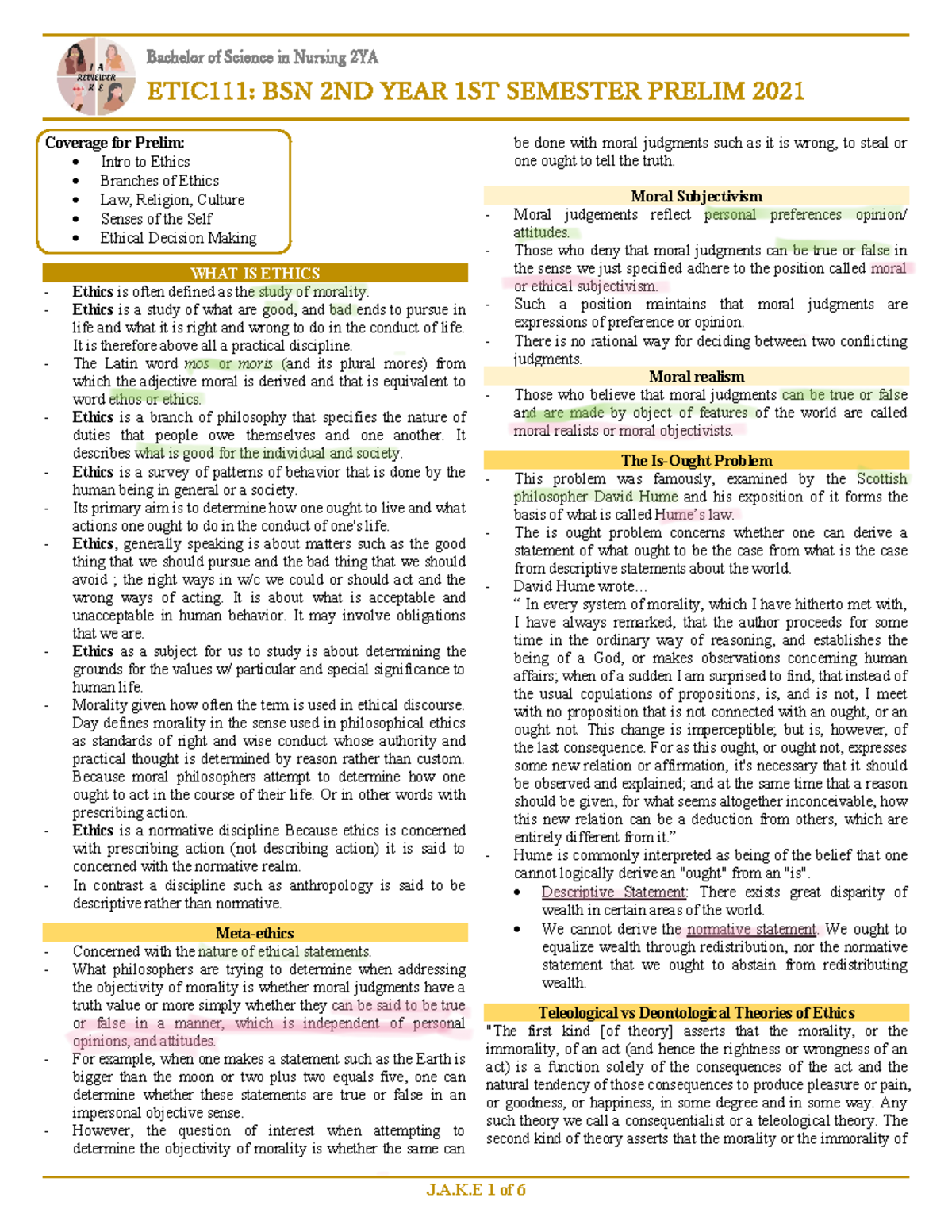 ETIC111- Prelim - Bachelor of Science in Nursing 2YA ETIC111: BSN 2ND ...