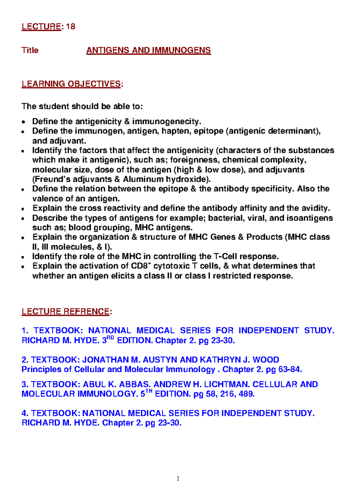 Antigens and immunogens mls 204 lecture notes - LECTURE: 18 Title ...