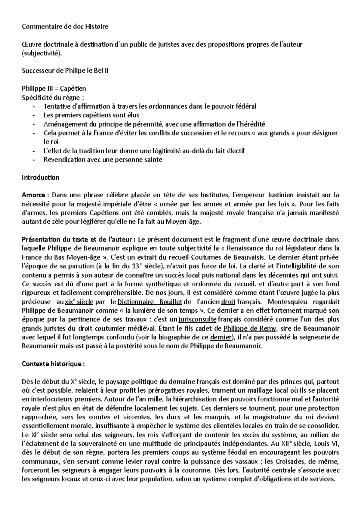 Philippe De Beaumanoir Coutumes De Beauvaisis Commentaire Commentaire Beaumanoir - Commentaire de doc Histoire Œuvre doctrinale à  destination d'un public de - Studocu