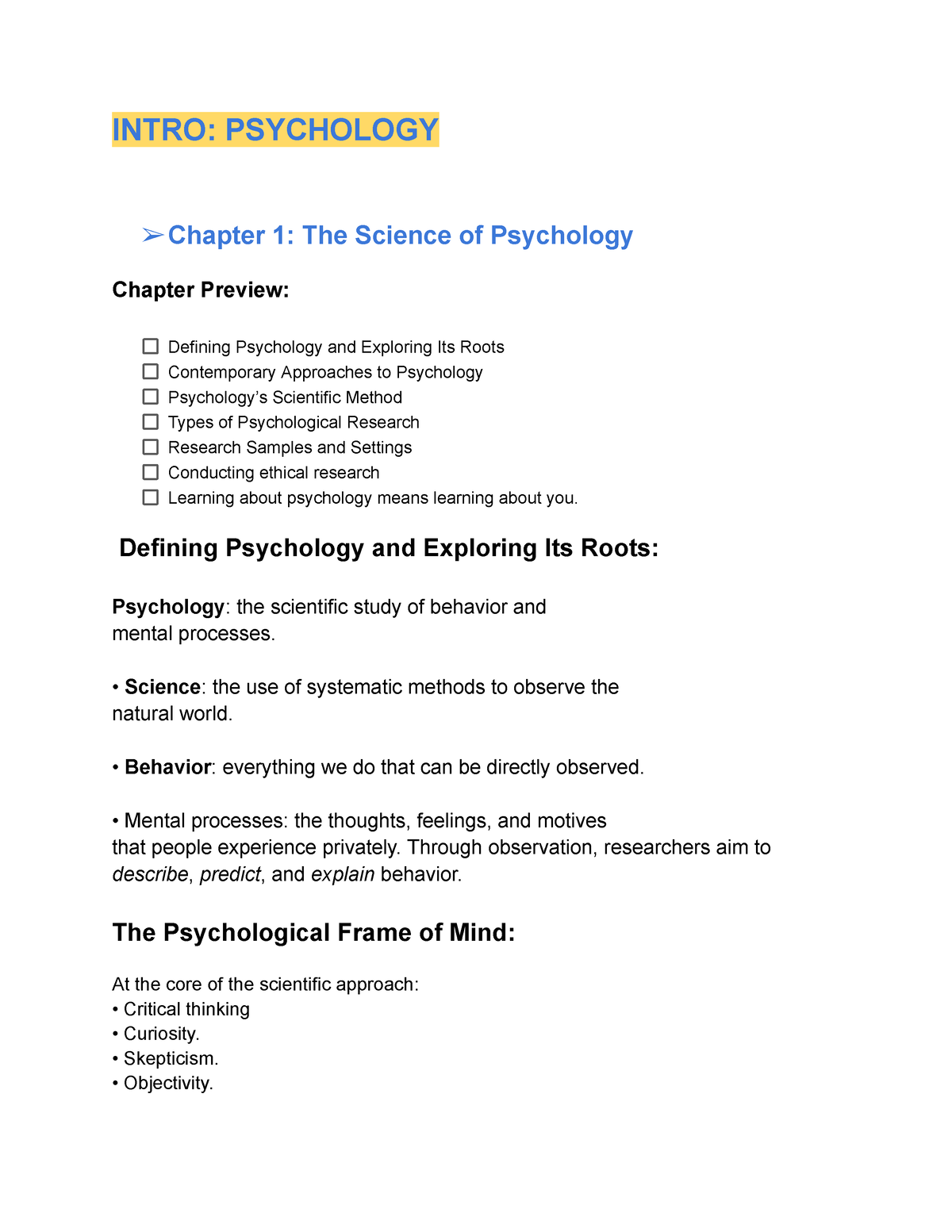 Intro Psychology - INTRO: PSYCHOLOGY Chapter 1: The Science Of ...