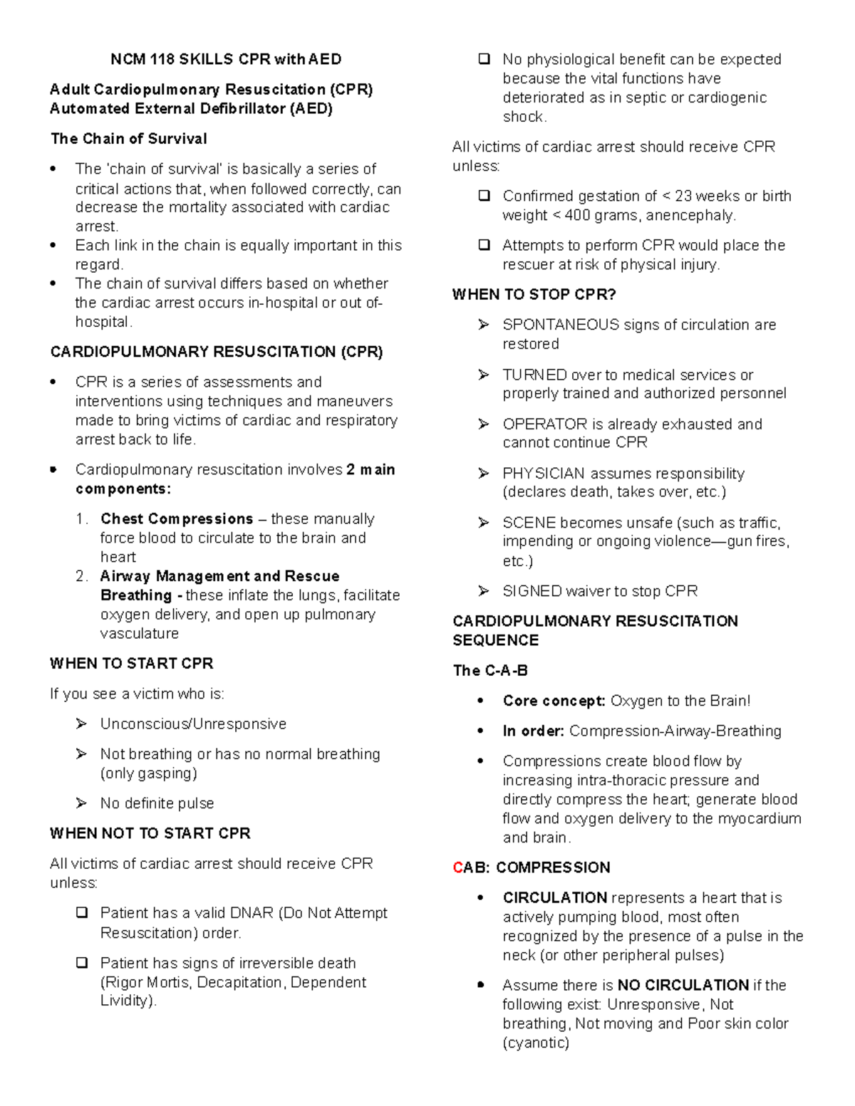 NCM 118 Skills CPR with AED - NCM 118 SKILLS CPR with AED Adult ...