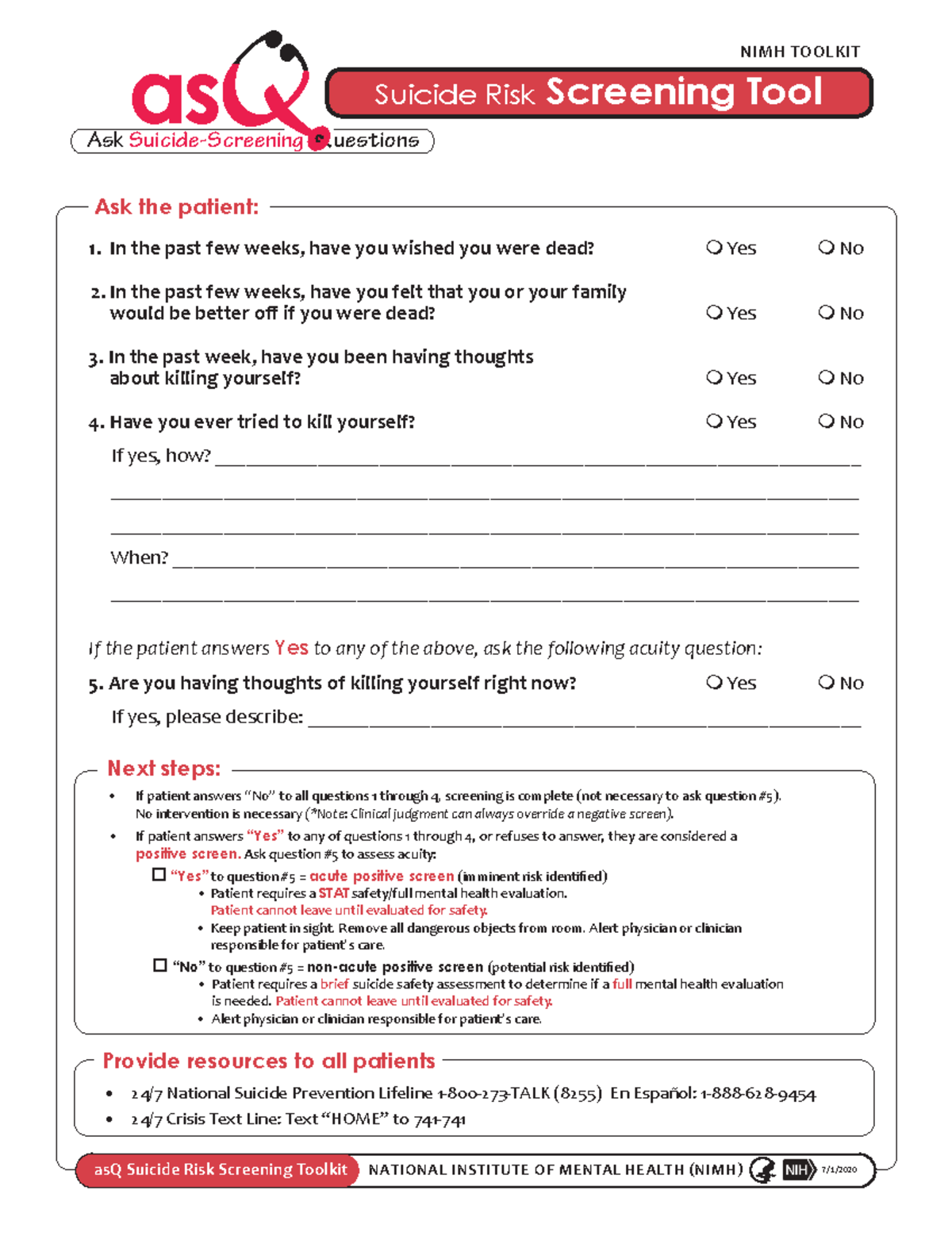 Screening tool asq nimh toolkit - Provide resources to all patients 24/ ...