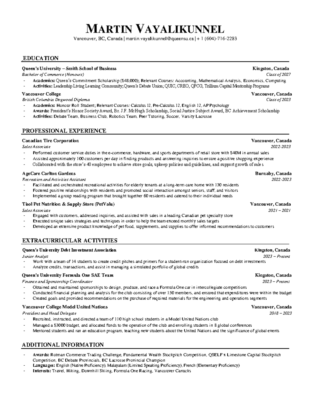 Martin Vayalikunnel Resume - MARTIN VAYALIKUNNEL Vancouver, BC, Canada ...