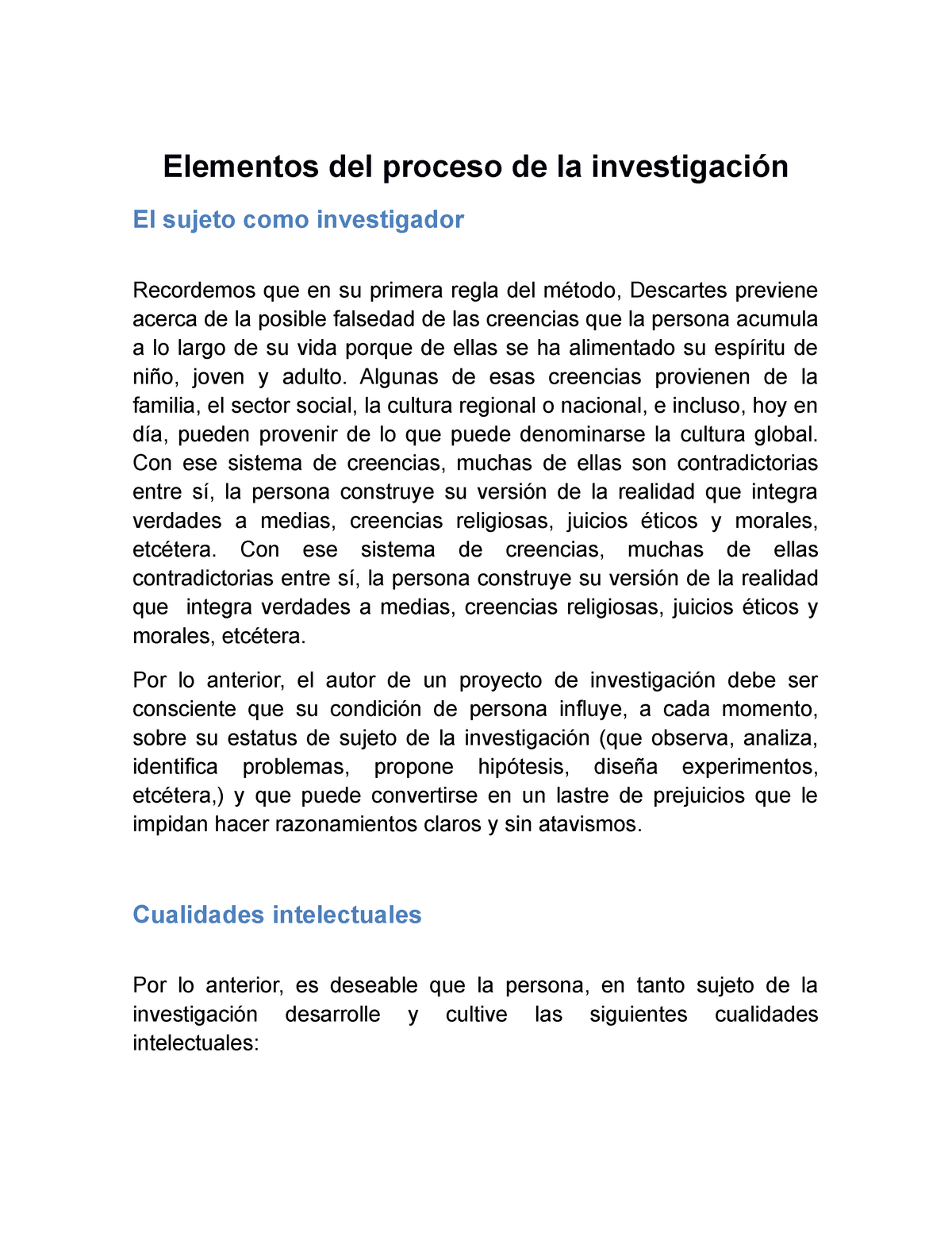 Elementos del proceso de la investigación Elementos del proceso de la ...