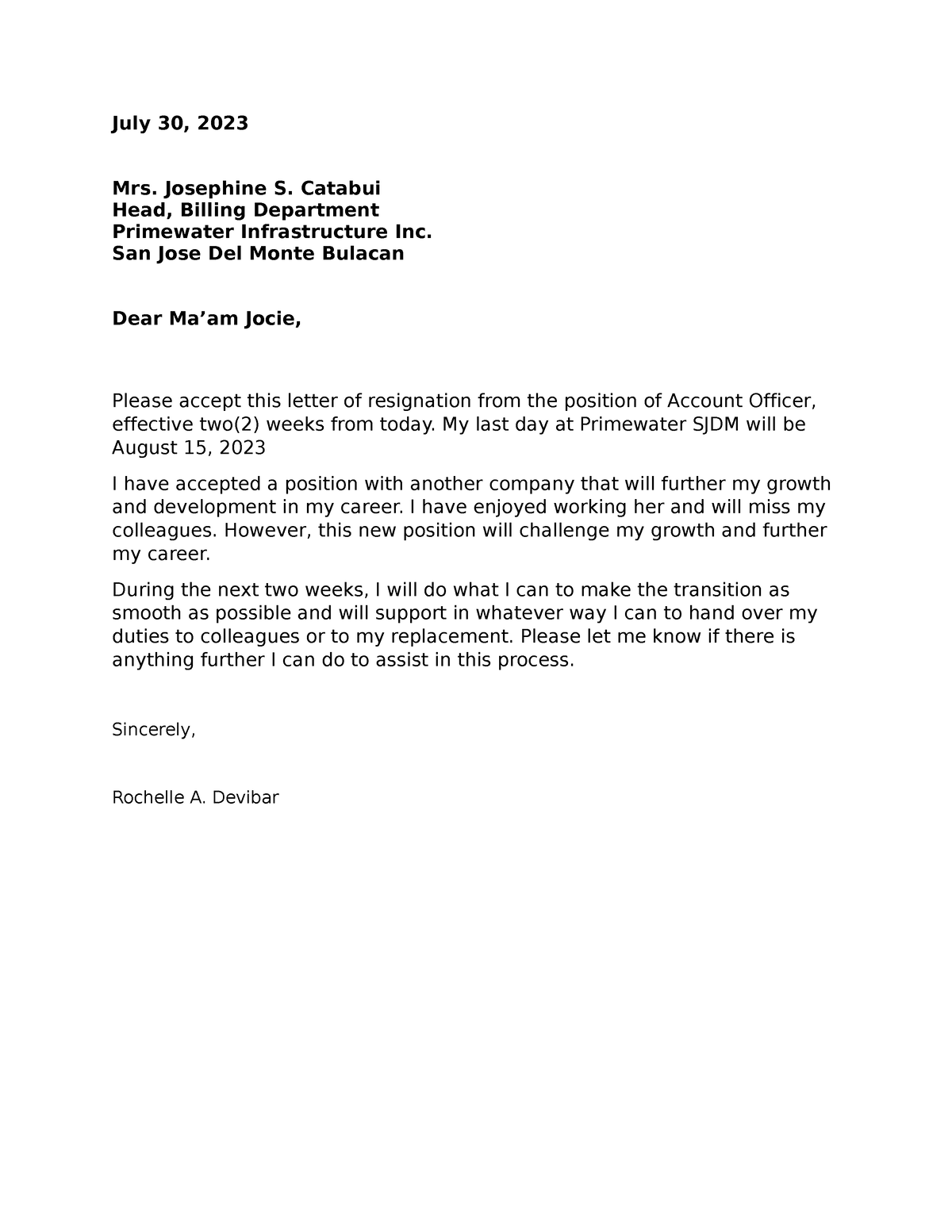 Resignation letter - ccscsa - July 30, 2023 Mrs. Josephine S. Catabui ...