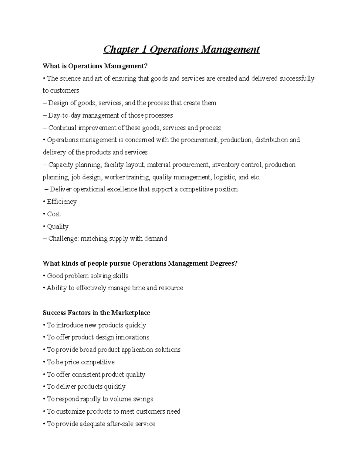 Chapter 1 Operations Management - Chapter 1 Operations Management What ...