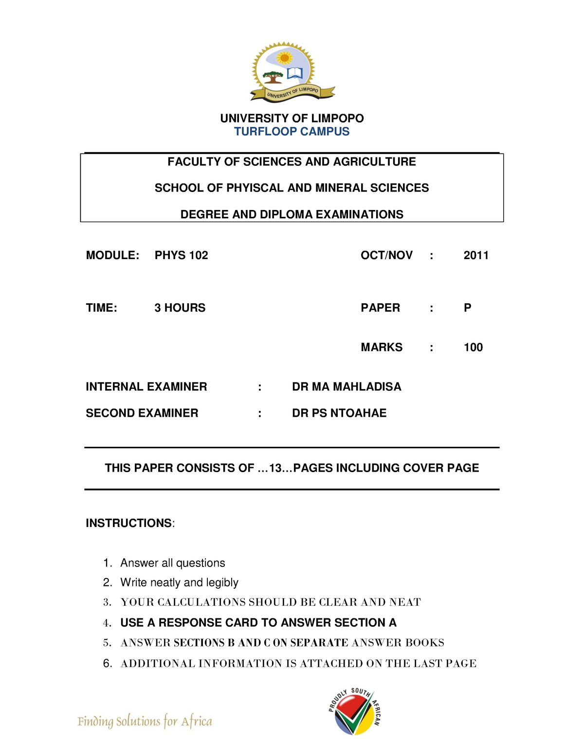 PHYS 102 Final Exam 2011 - UNIVERSITY OF LIMPOPO TURFLOOP CAMPUS ...