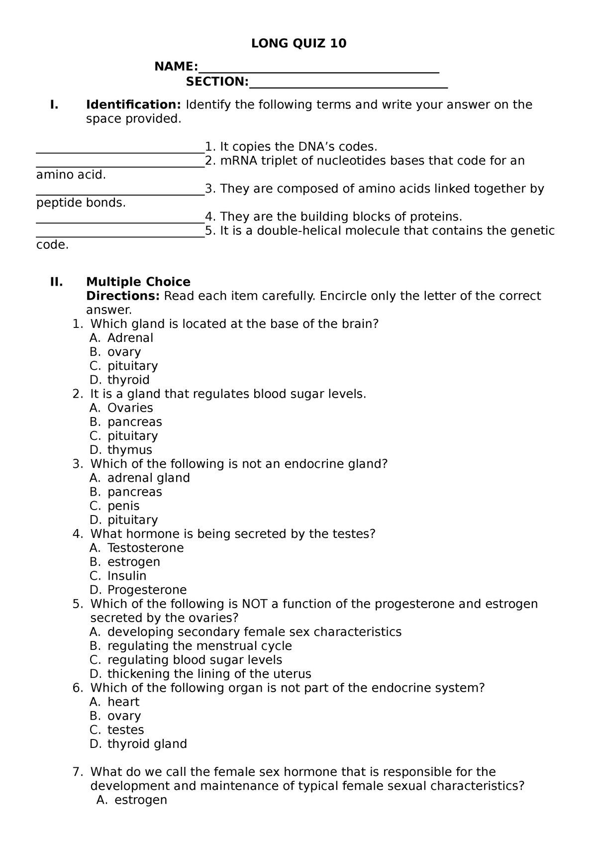 LONG QUIZ 10 - Notes - LONG QUIZ 10 NAME ...