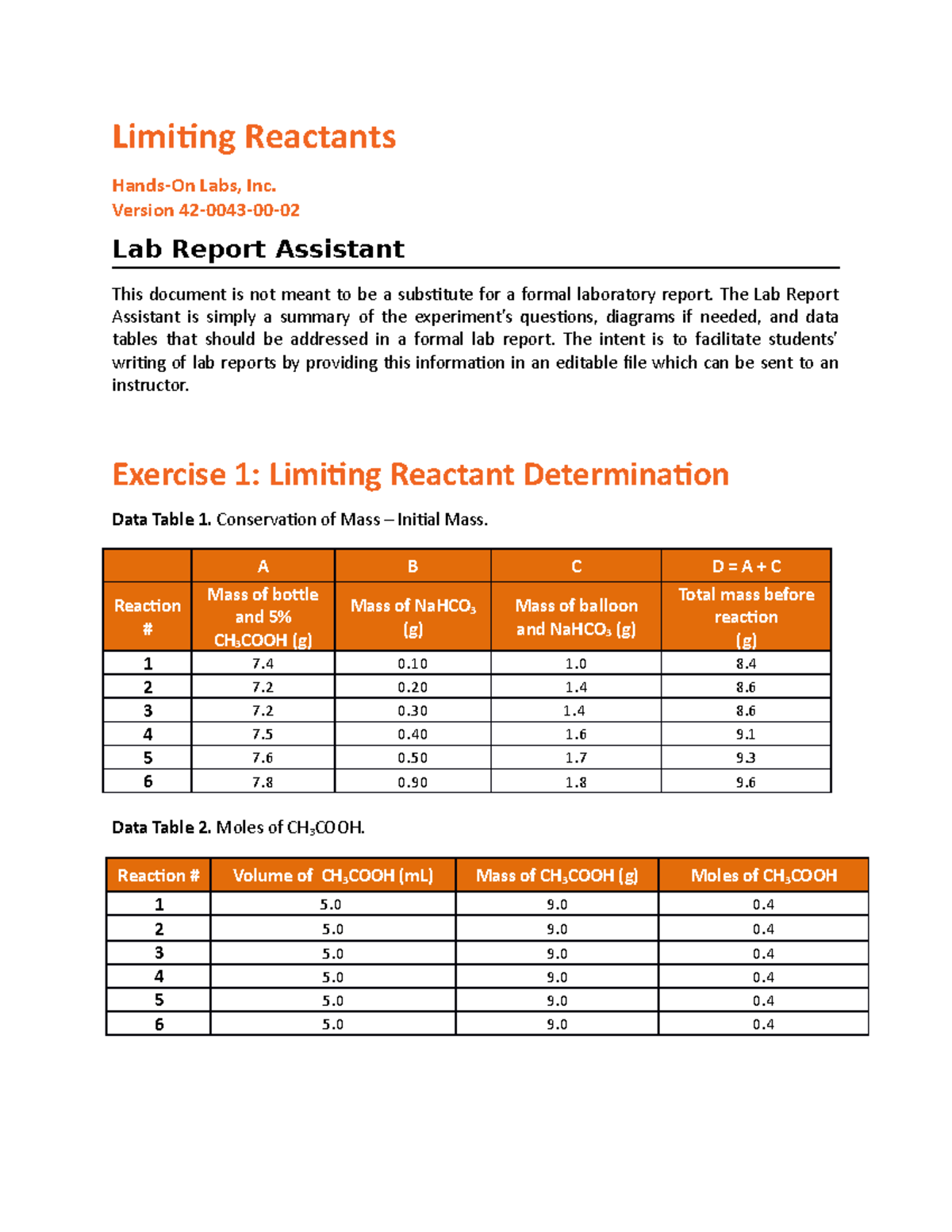 Limiting Reactants, Lab Report Assistant - Limiting Reactants Hands-On ...