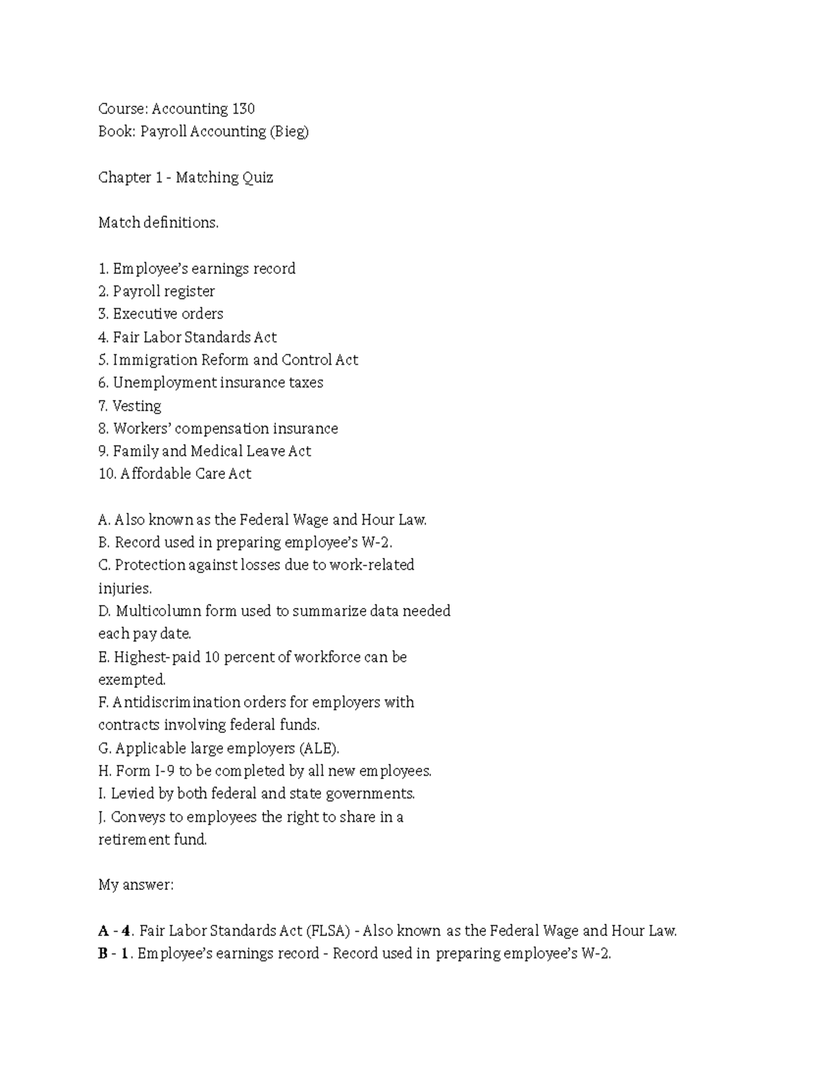 Chapter 1 - Matching Quiz - Course: Accounting 130 Book: Payroll ...