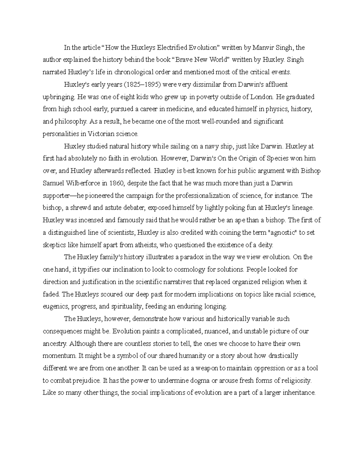 How the Huxleys Electrified Evolution analysis In the article “How