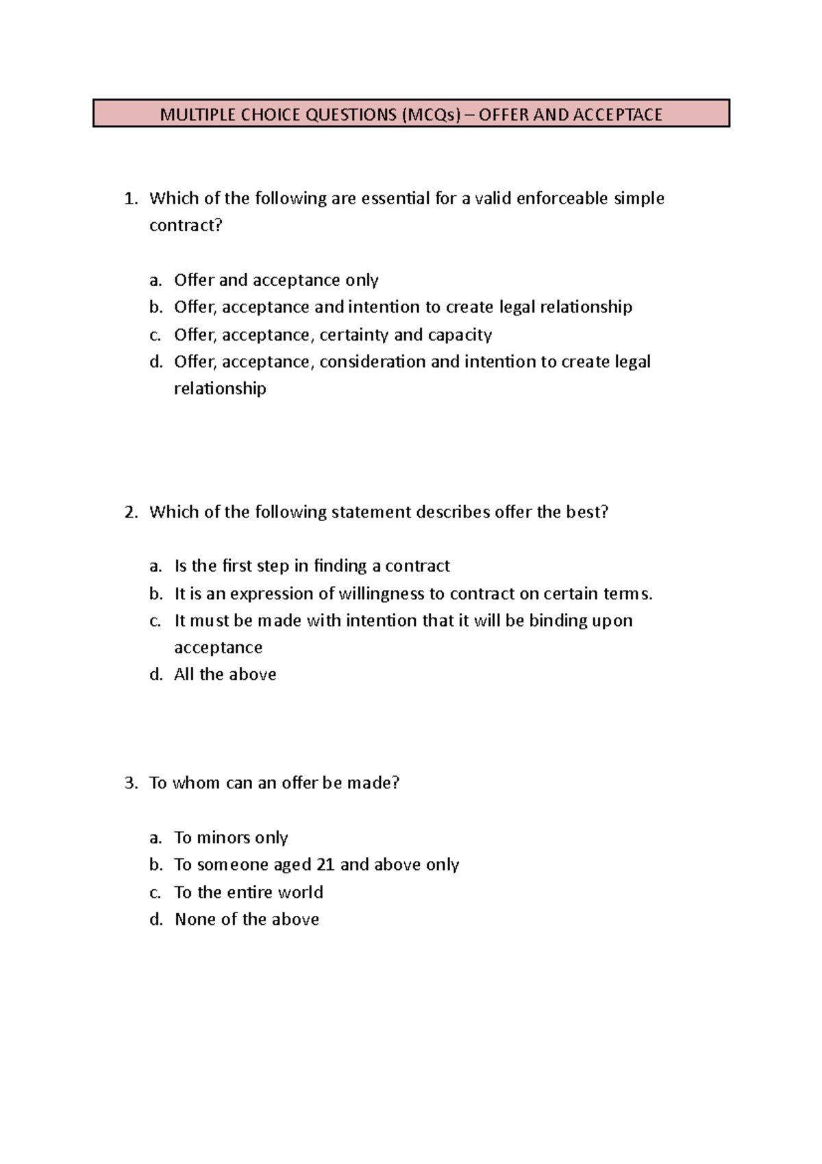 offer and acceptance - MULTIPLE CHOICE QUESTIONS (MCQs) – OFFER AND ...