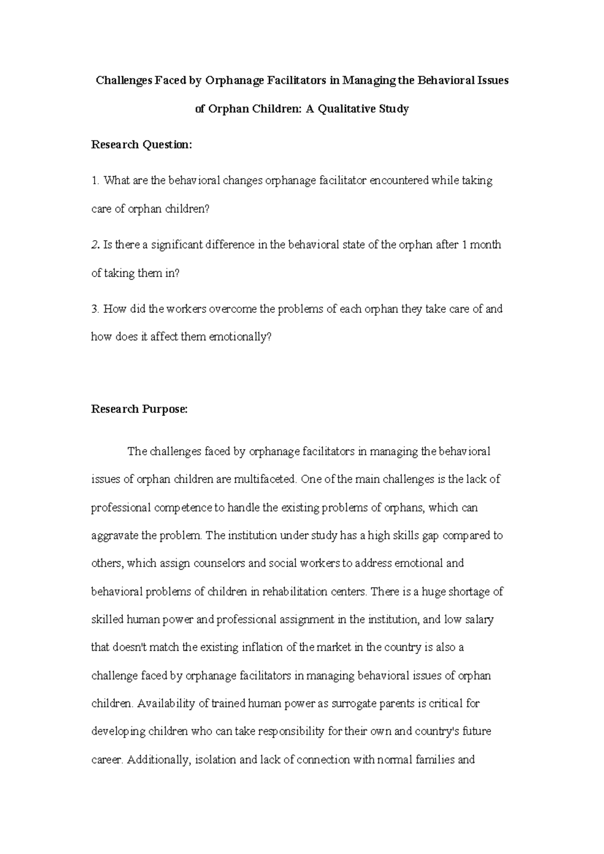 Challenges Faced by Orphanage Facilitators in Mana - One of the main ...