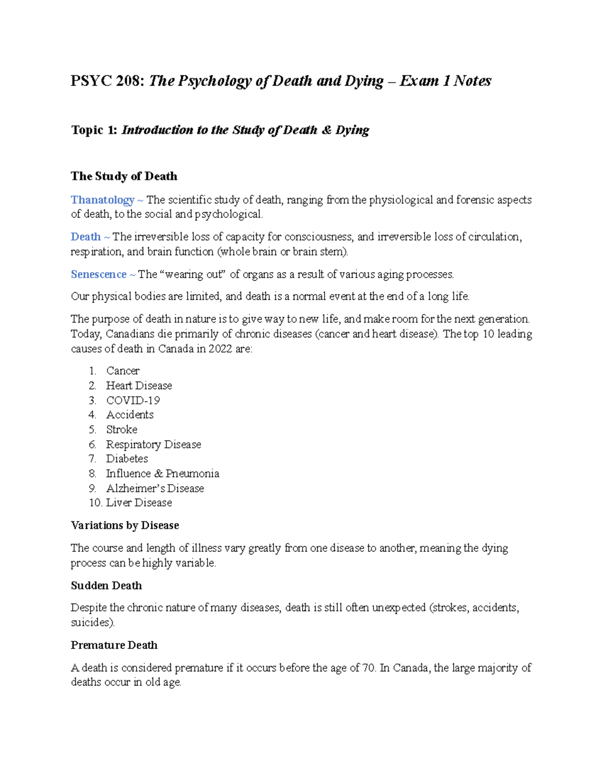 PSYC 208: Exam 1 - Lecture Notes - PSYC 208: The Psychology of Death ...