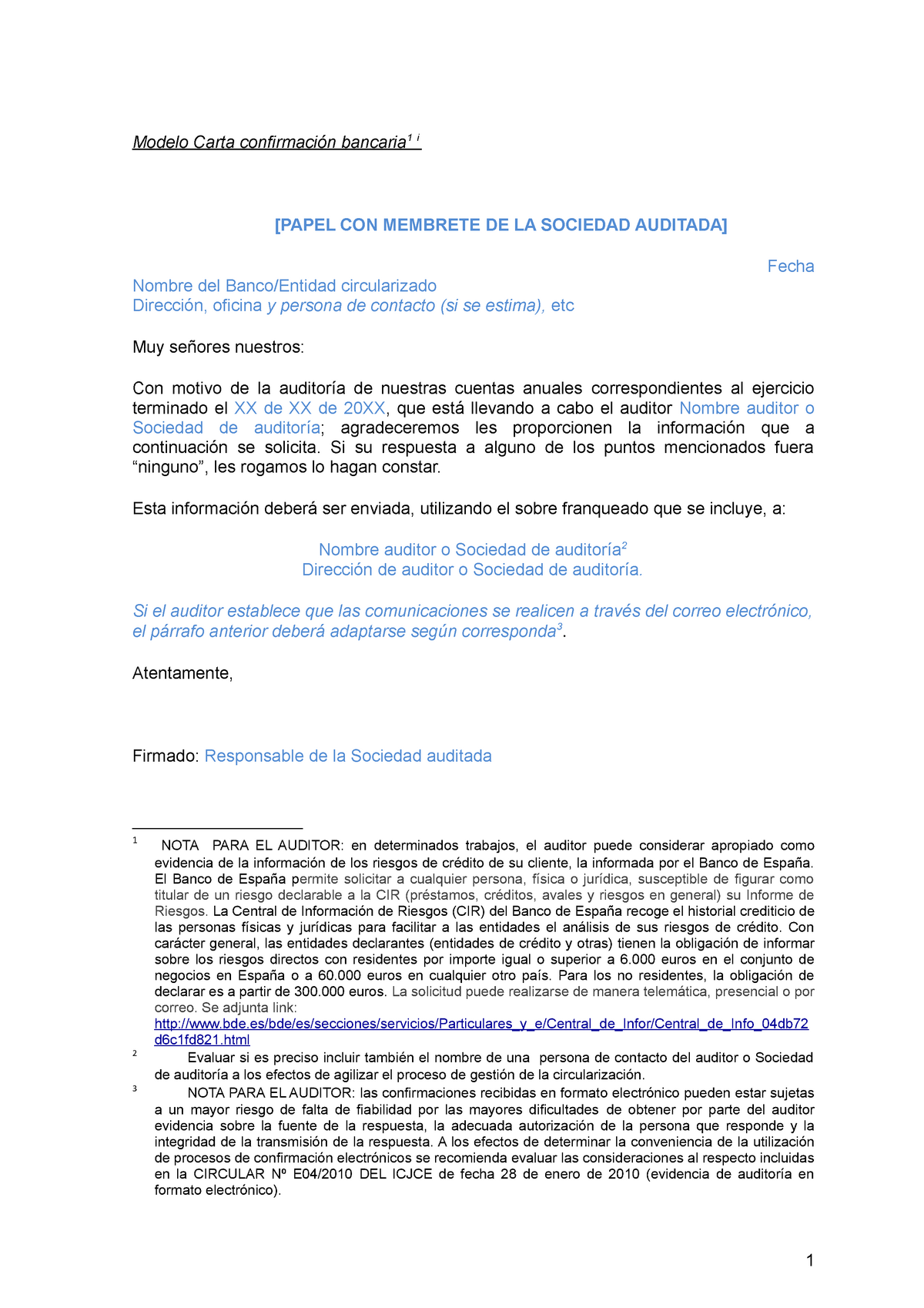 Modelocartaconfirmacionbancaria - Modelo Carta confirmación bancaria 1 i  [PAPEL CON MEMBRETE DE LA - Studocu