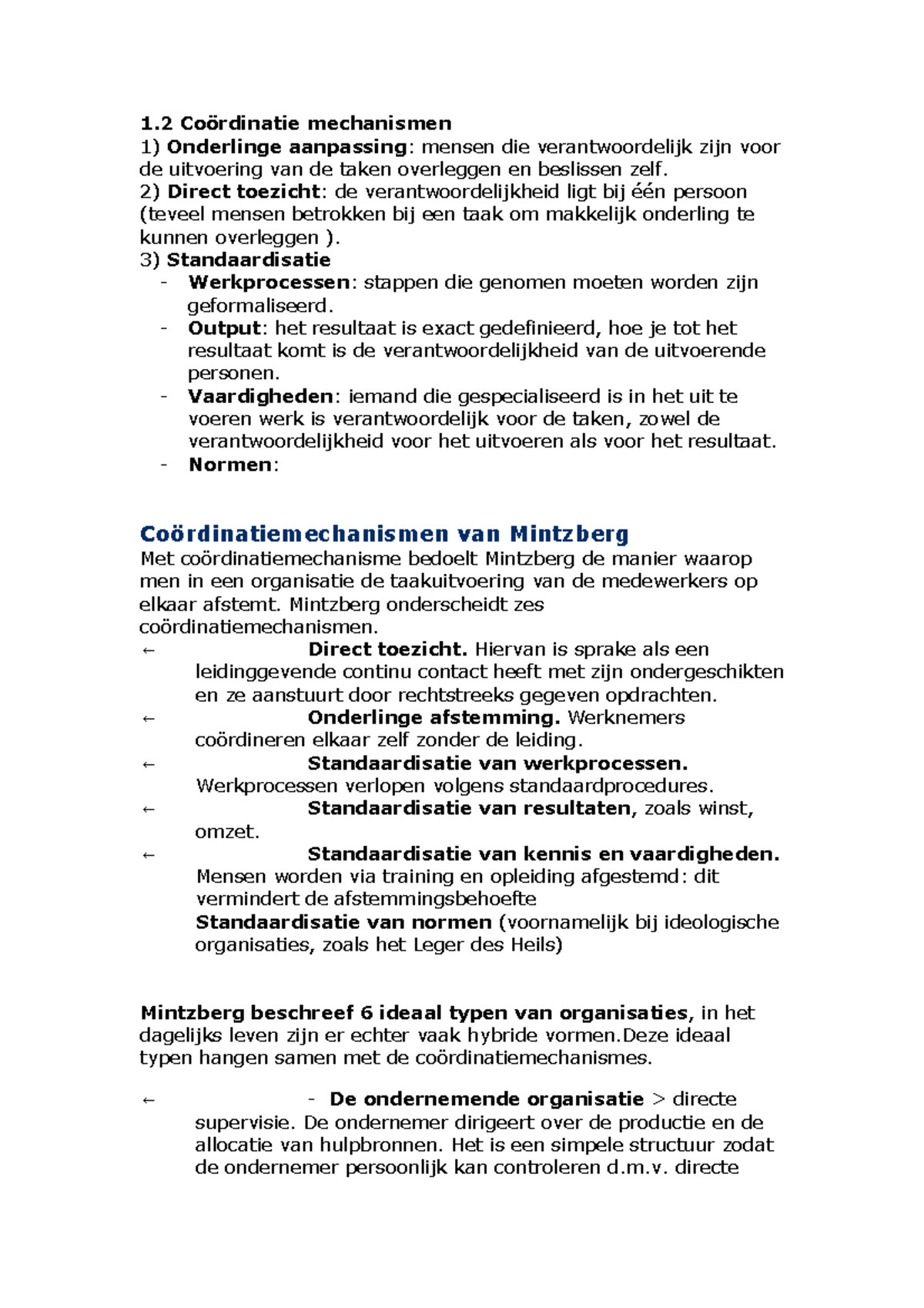 Mintzberg Coördinatiemechanismen - 1 Coördinatie Mechanismen 1 ...