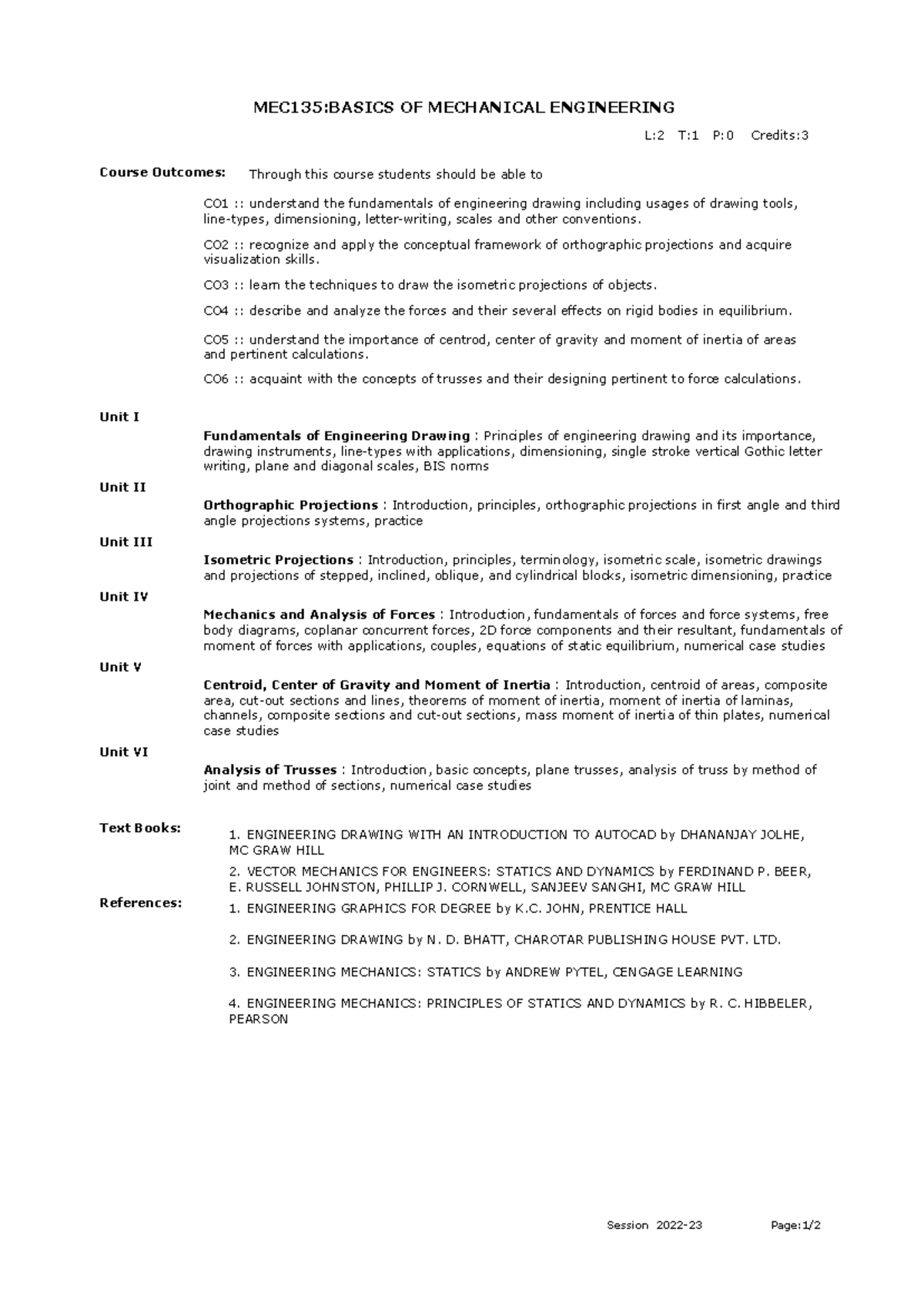 Rdl Course Syllabus New - MEC135:BASICS OF MECHANICAL ENGINEERING ...