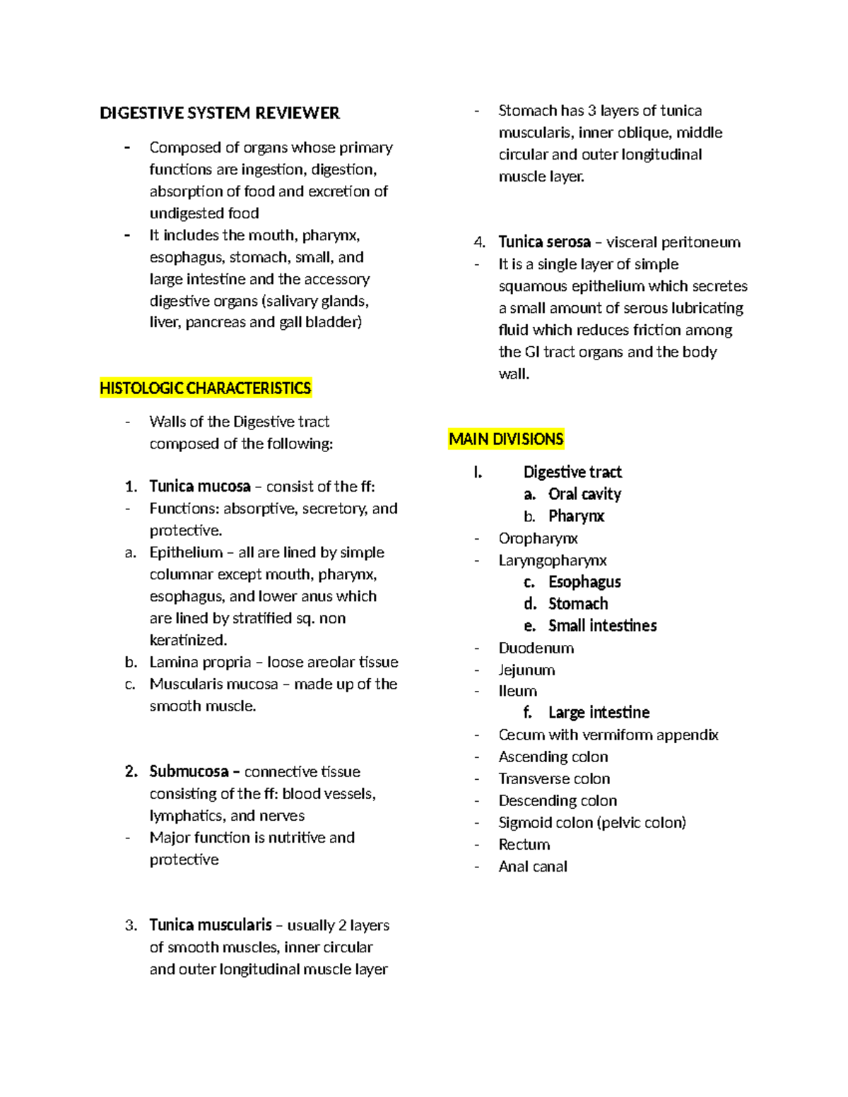 Digestive- System- Reviewer - DIGESTIVE SYSTEM REVIEWER Composed of ...
