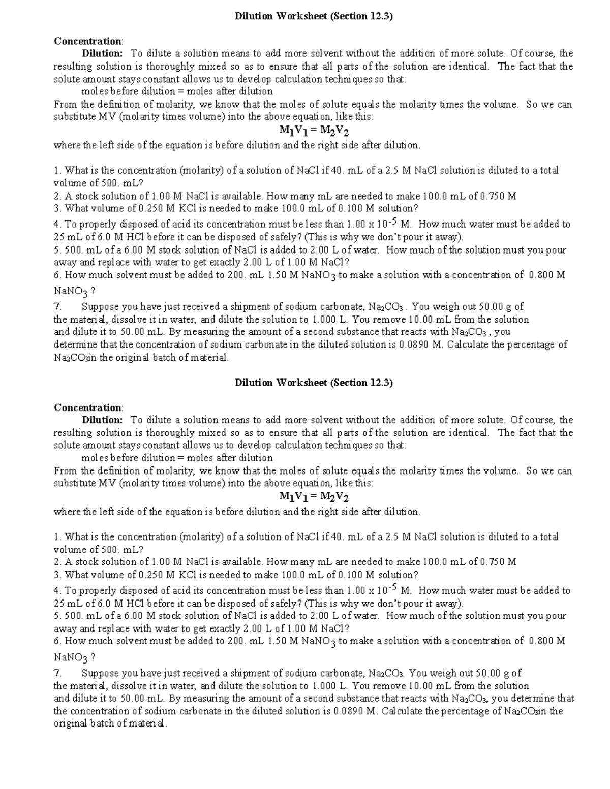 Dilution WS and Answers - Dilution Worksheet (Section 12) Concentration ...