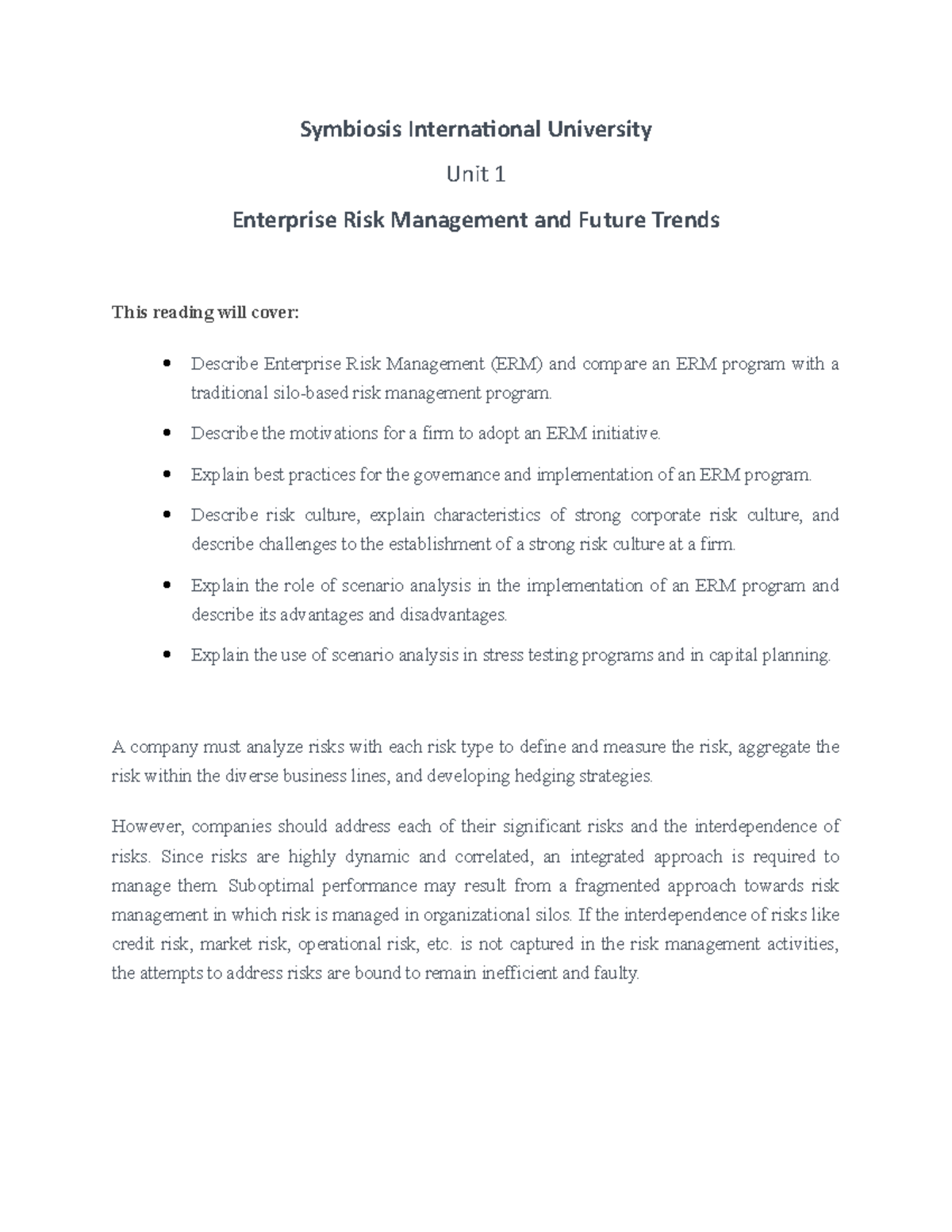 Unit 1 Enterprise Risk Management Symbiosis International University