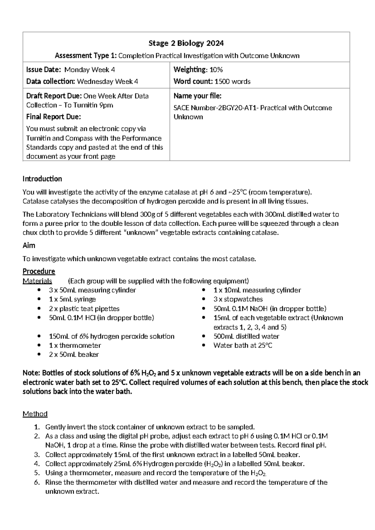 2024 Summative Catalase Practical Stage 2 Biology 2024 Assessment