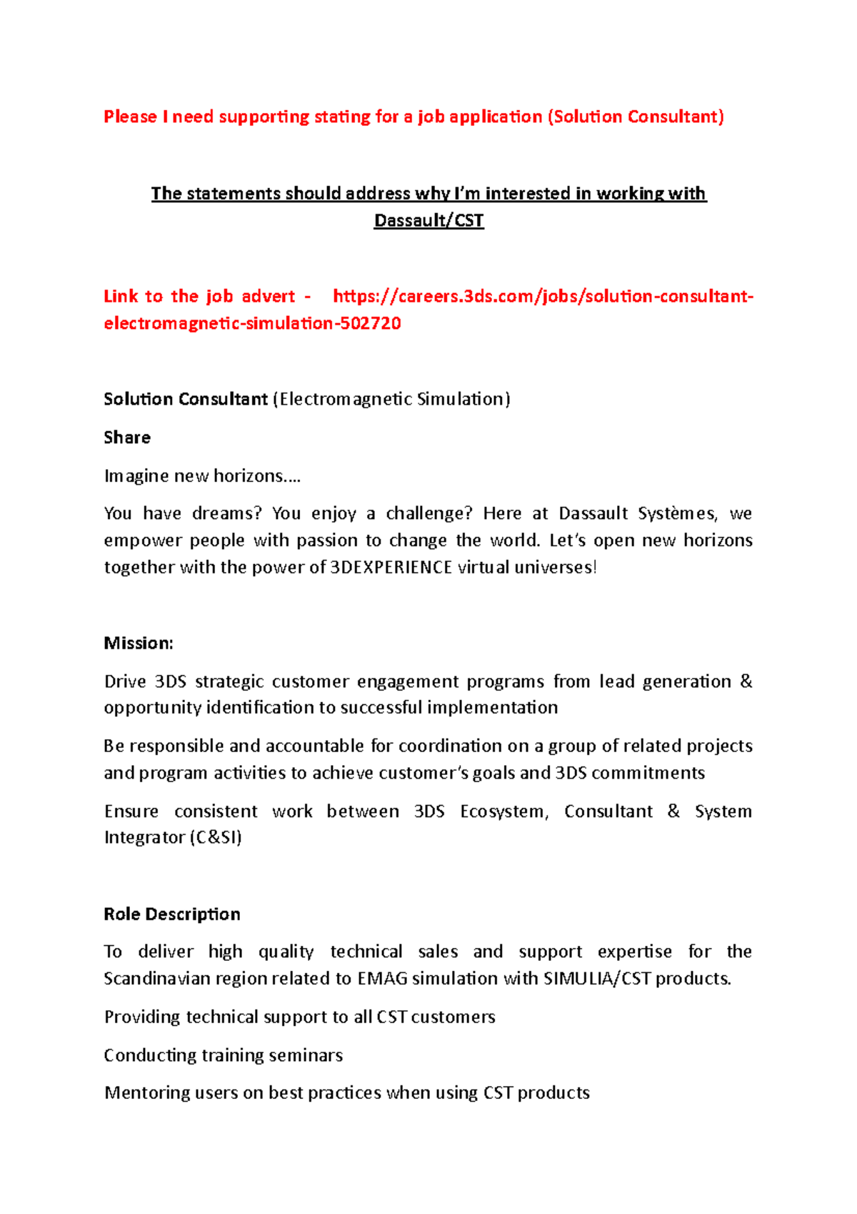 Supporting statement - Please I need supporting stating for a job ...