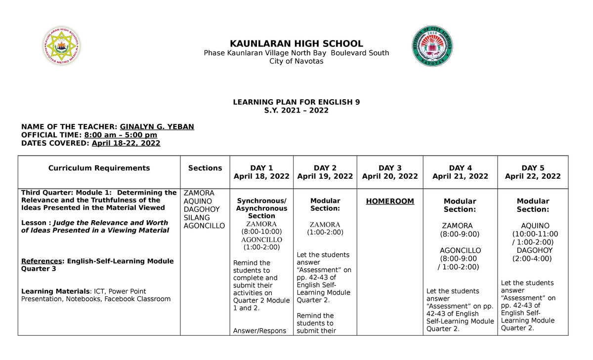 Learning Plan- Yeban-April-18-22, 2022 - KAUNLARAN HIGH SCHOOL Phase ...