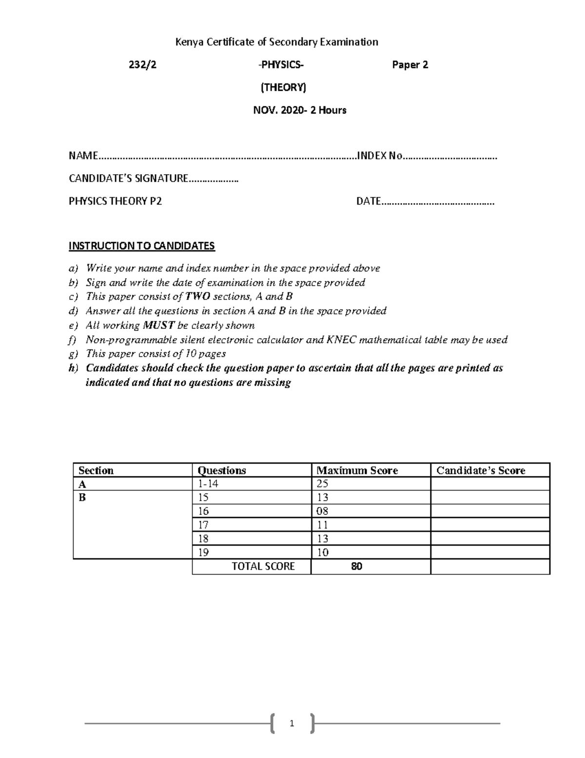 2021 Kapsabet Physics Theory P2 teacher Kenya Certificate of