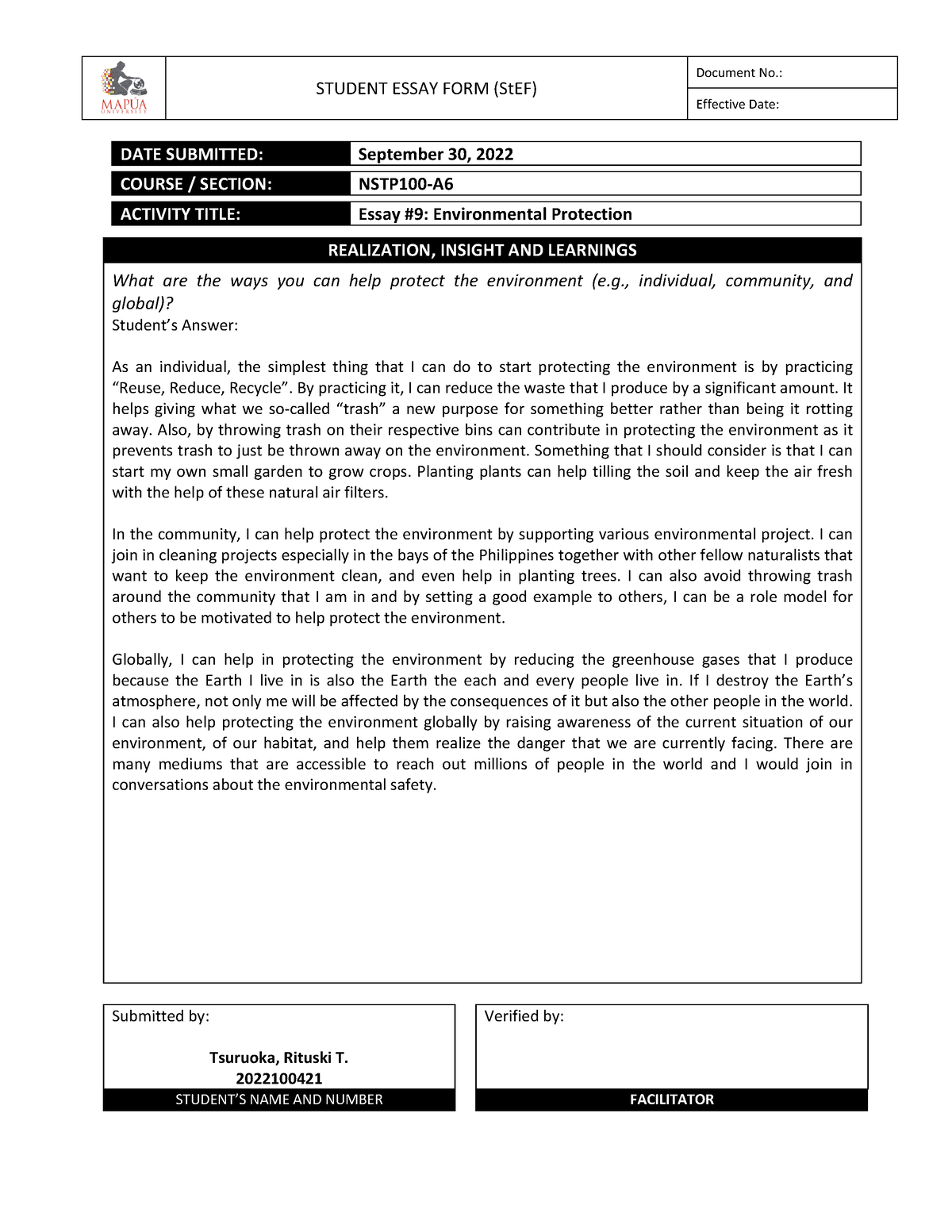 Tsuruoka-NSTP1 00 Essay 9 - STUDENT ESSAY FORM (StEF) Document No ...