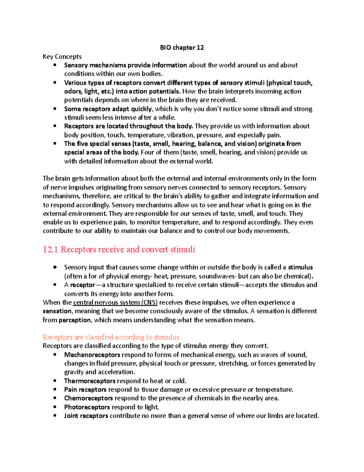 BIO chapter 12 - notes - BIO chapter 12 Key Concepts Sensory mechanisms ...
