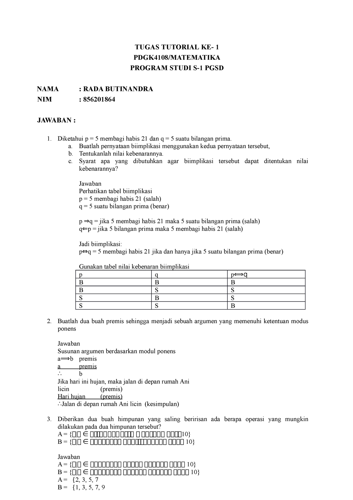 Tugas 1 MTK - TUGAS TUTORIAL KE- 1 PDGK4108/MATEMATIKA PROGRAM STUDI S ...