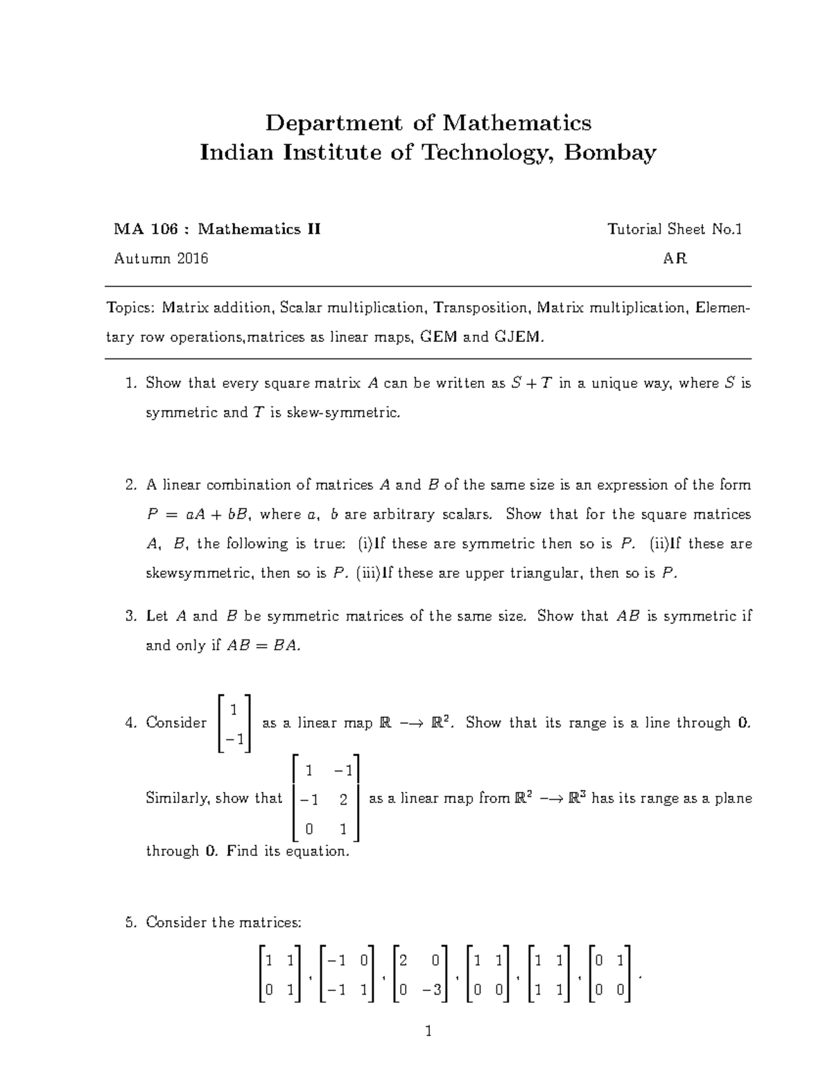 Tutorial sheets - Department of Mathematics Indian Institute of ...