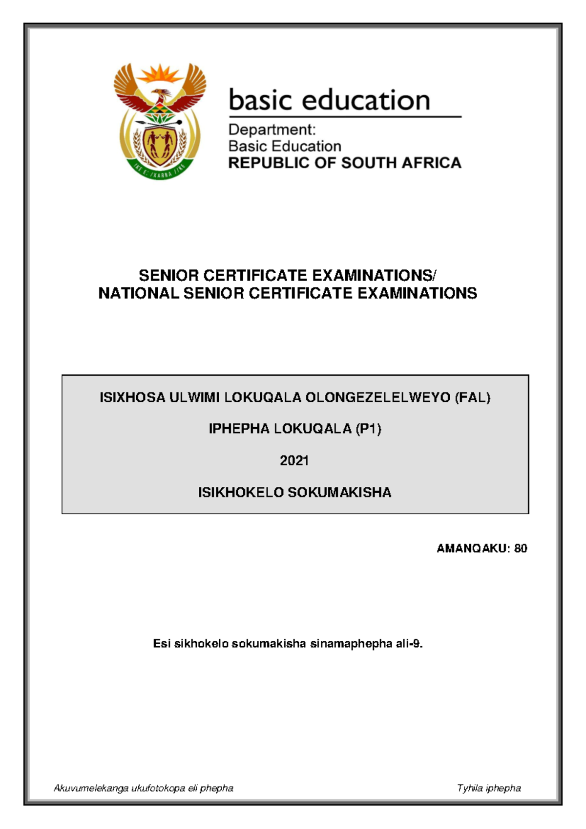 Isi Xhosa Fal P1 May-june 2021 Mg - Senior Certificate Examinations 