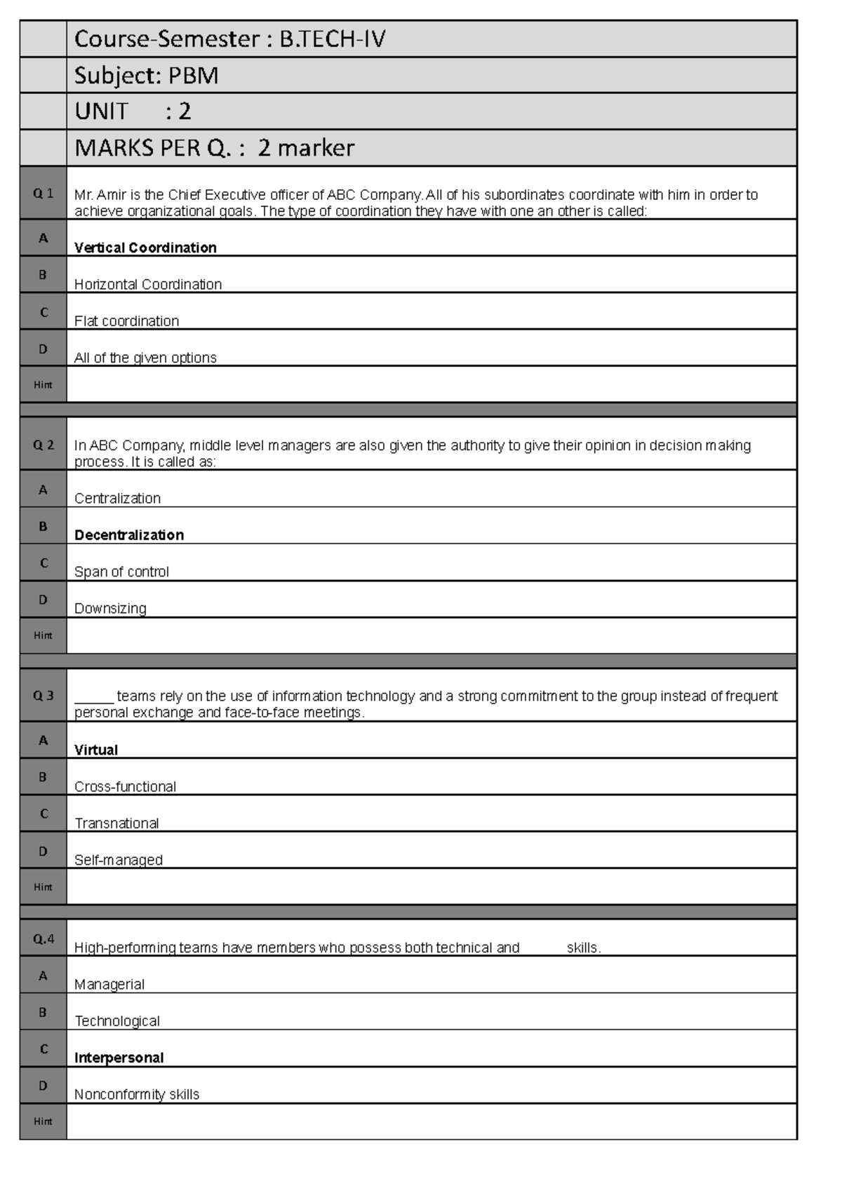BS B.TECH-IV PBM U2 (2 Marker) - Course-Semester : B-IV Subject: PBM ...