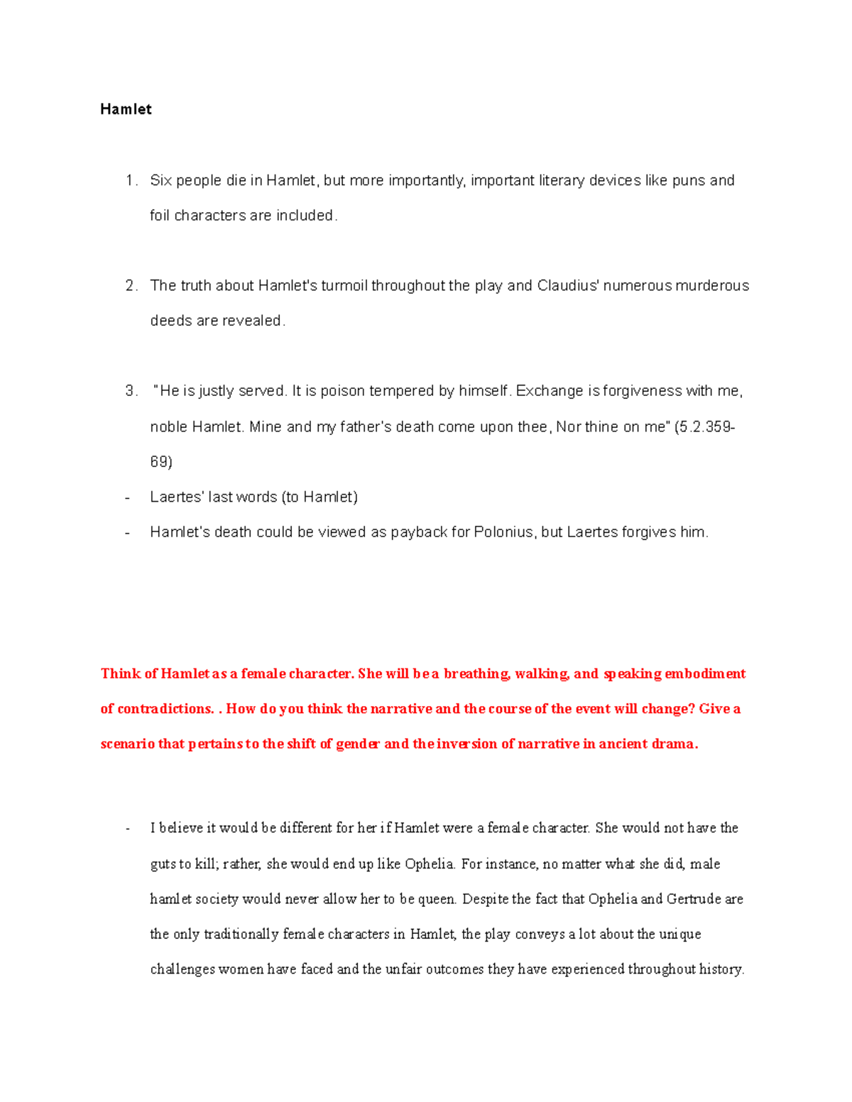 World Literature Notes 2 - Hamlet Six people die in Hamlet, but more ...