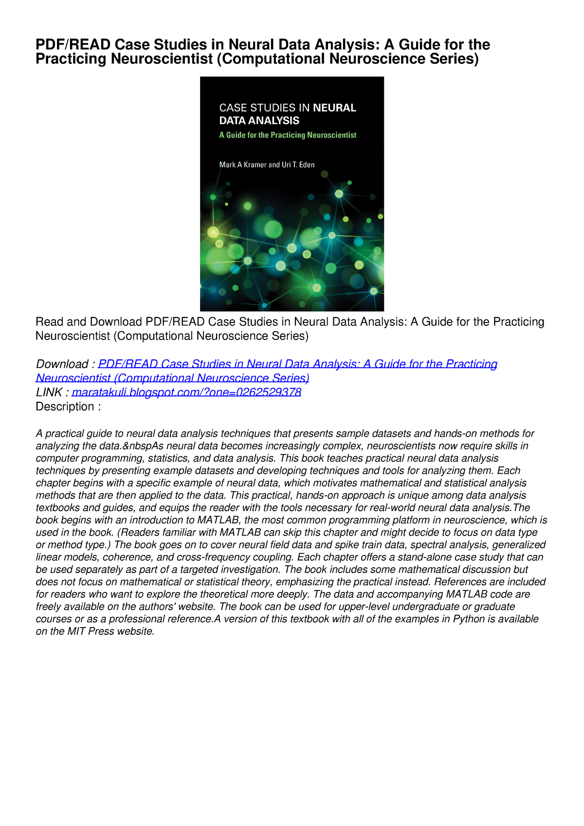case studies in neural data analysis a guide for the practicing neuroscientist