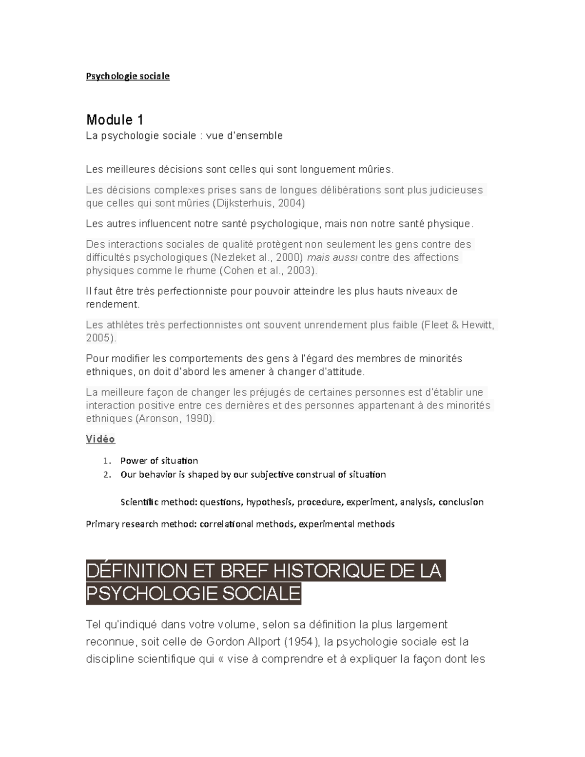 Examen MI Session - Psychologie Sociale Module 1 La Psychologie Sociale ...