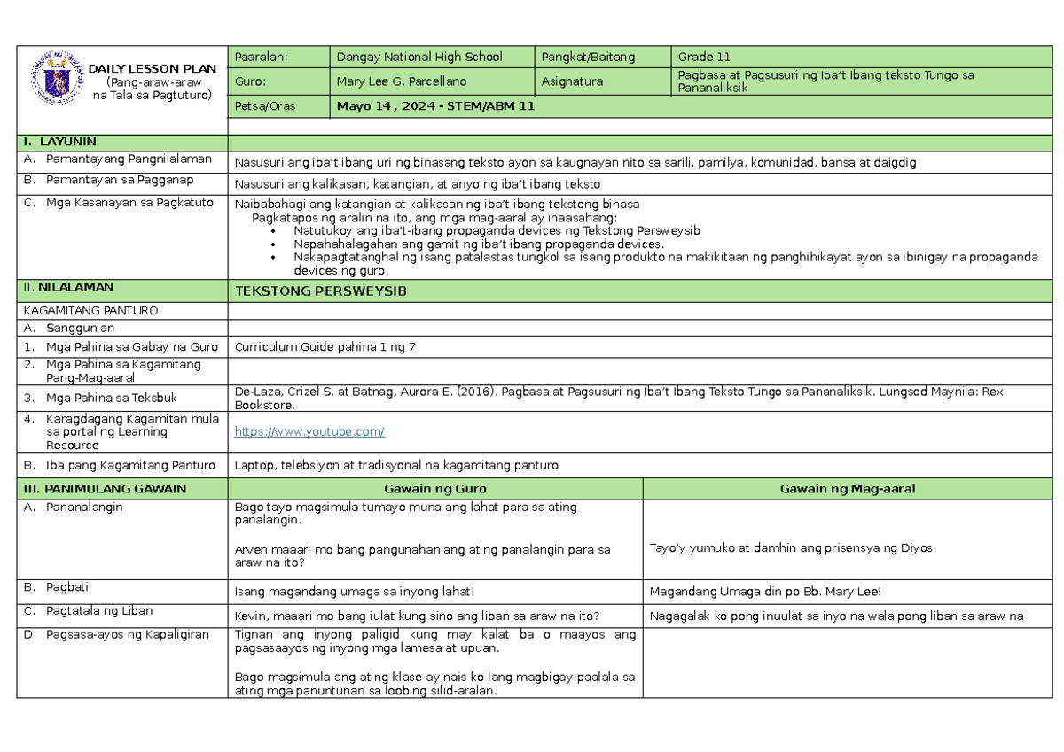 Lesson Plan Final Demo - DAILY LESSON PLAN (Pang-araw-araw Na Tala Sa ...